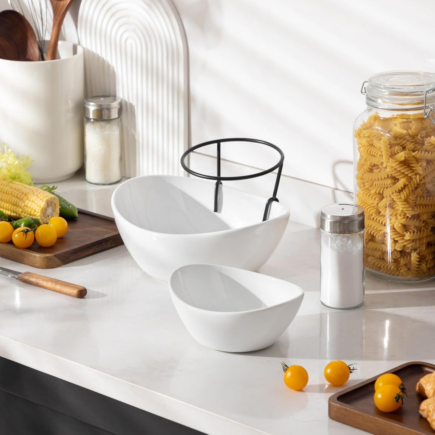 2er-Set Servierschalen mit Etagere, 600 ml/1800 ml Weiß