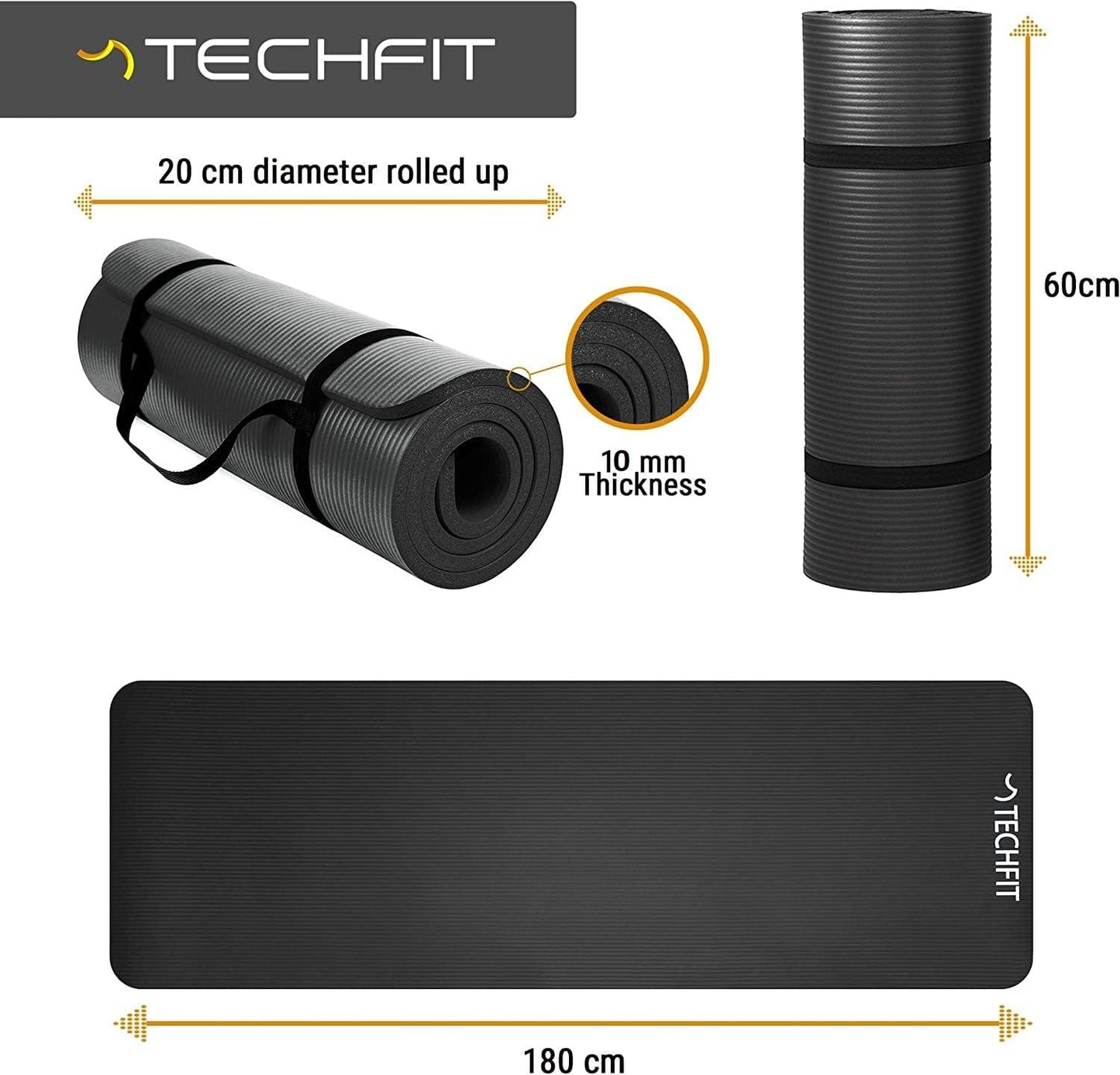 Yogamatte Rutschfest für Heimtraining und Pilates, Black 10 mm