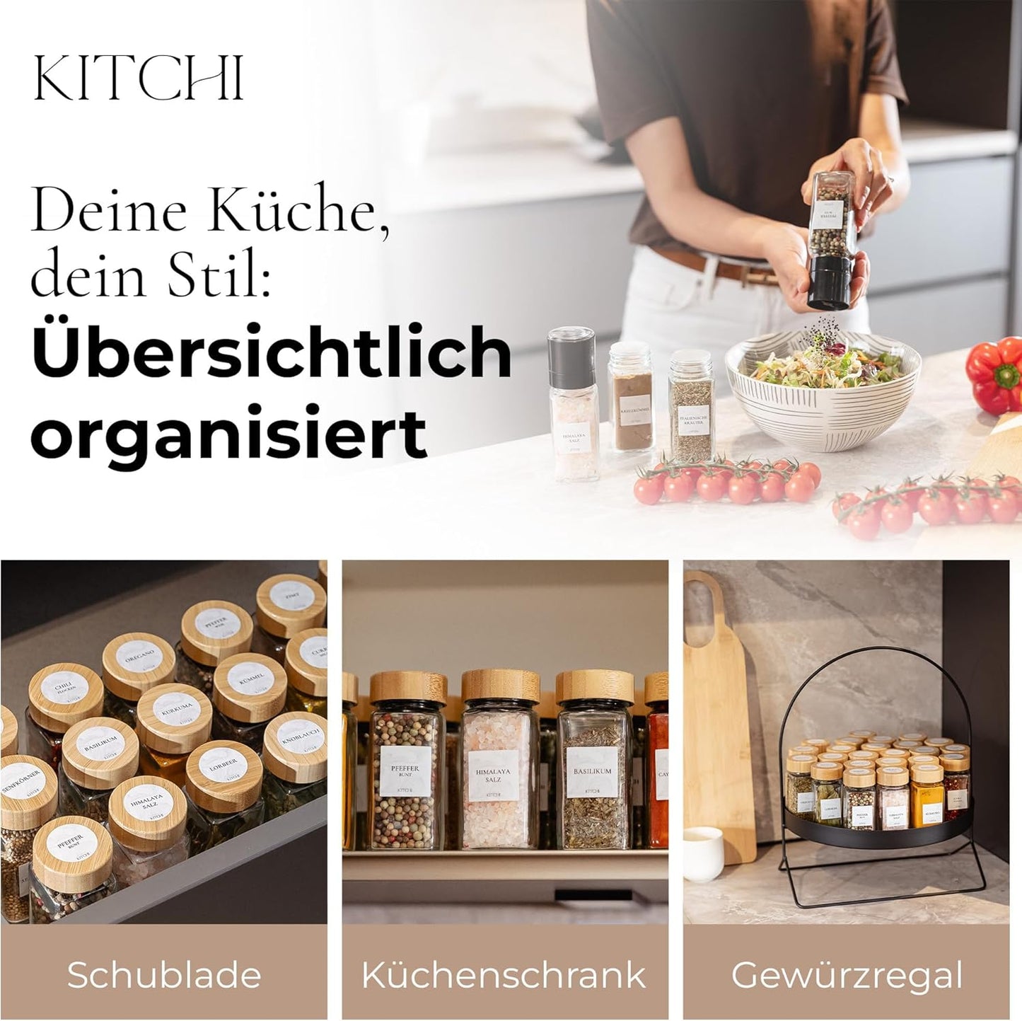 Gewürzgläser-Set mit Bambusdeckel und Mühlen, Bambus + 2 Mühlen