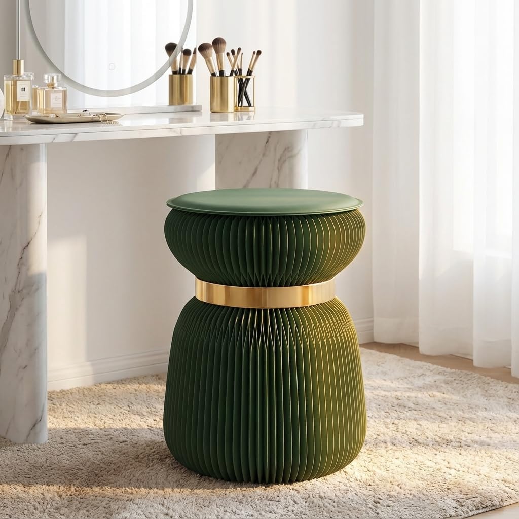 Papierhocker Papli Lux mit 180 Lamellen, Grün mit Goldenem Band