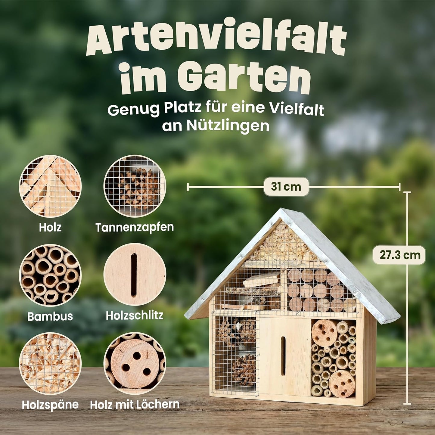 Kompaktes Insektenhotel mit Metalldach (27,3 cm), Kompaktes Insektenhotel – Metalldach (27,3 cm)