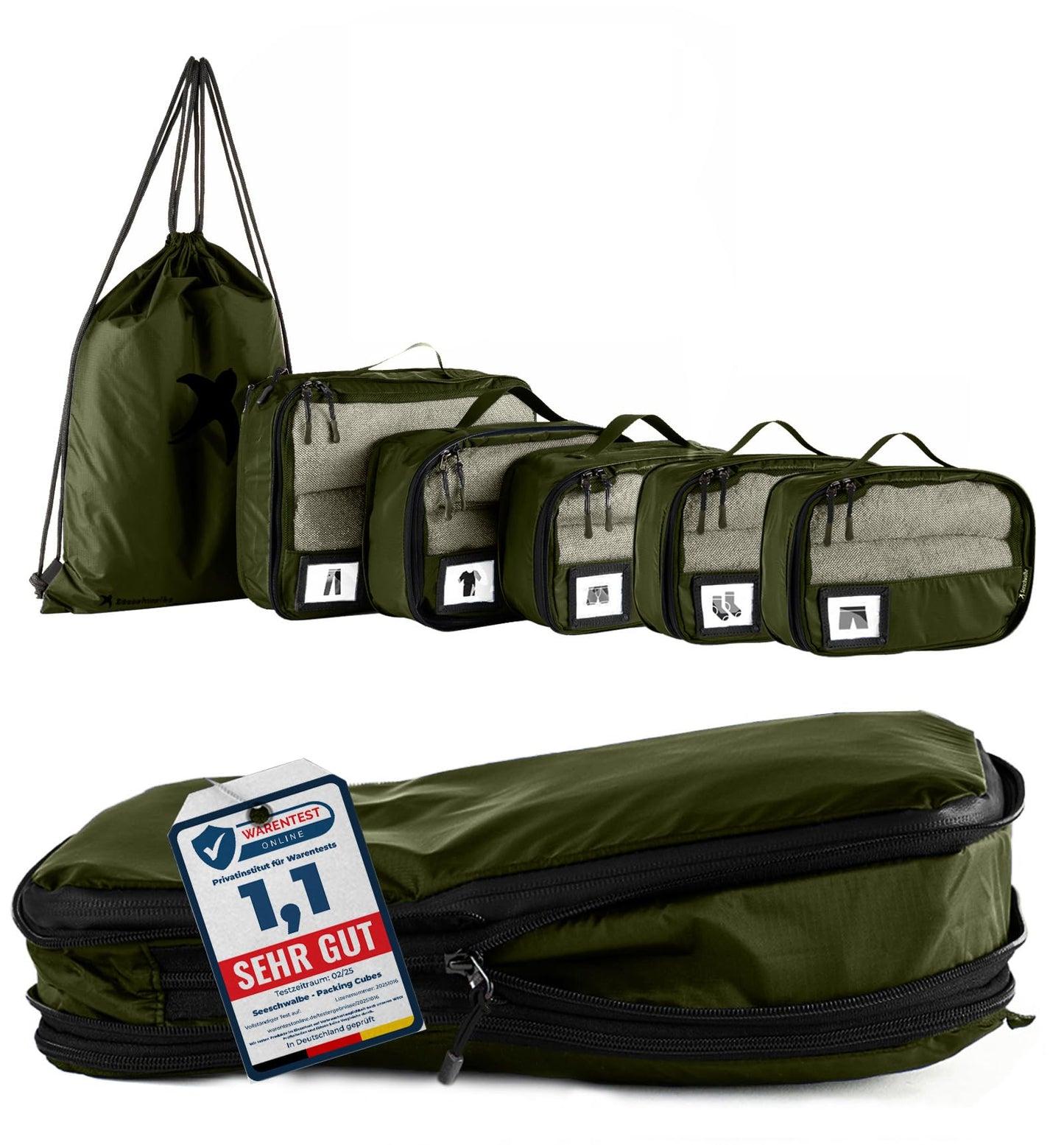 6-teiliges Packwürfel-Set mit Kompression, Olivgrün 6-teiliges Set