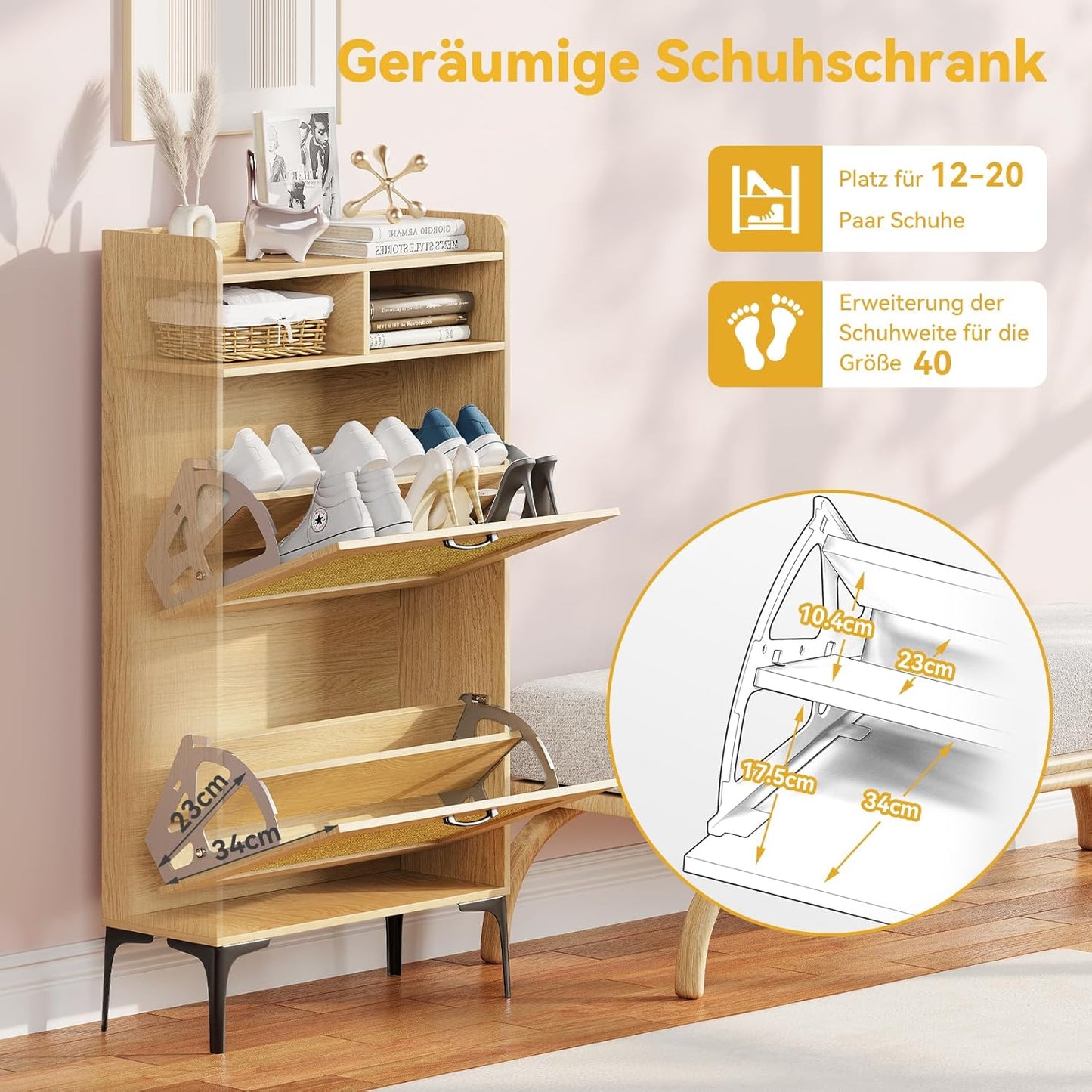 Schuhkipper mit Rattan-Dekor, Eiche 60cm