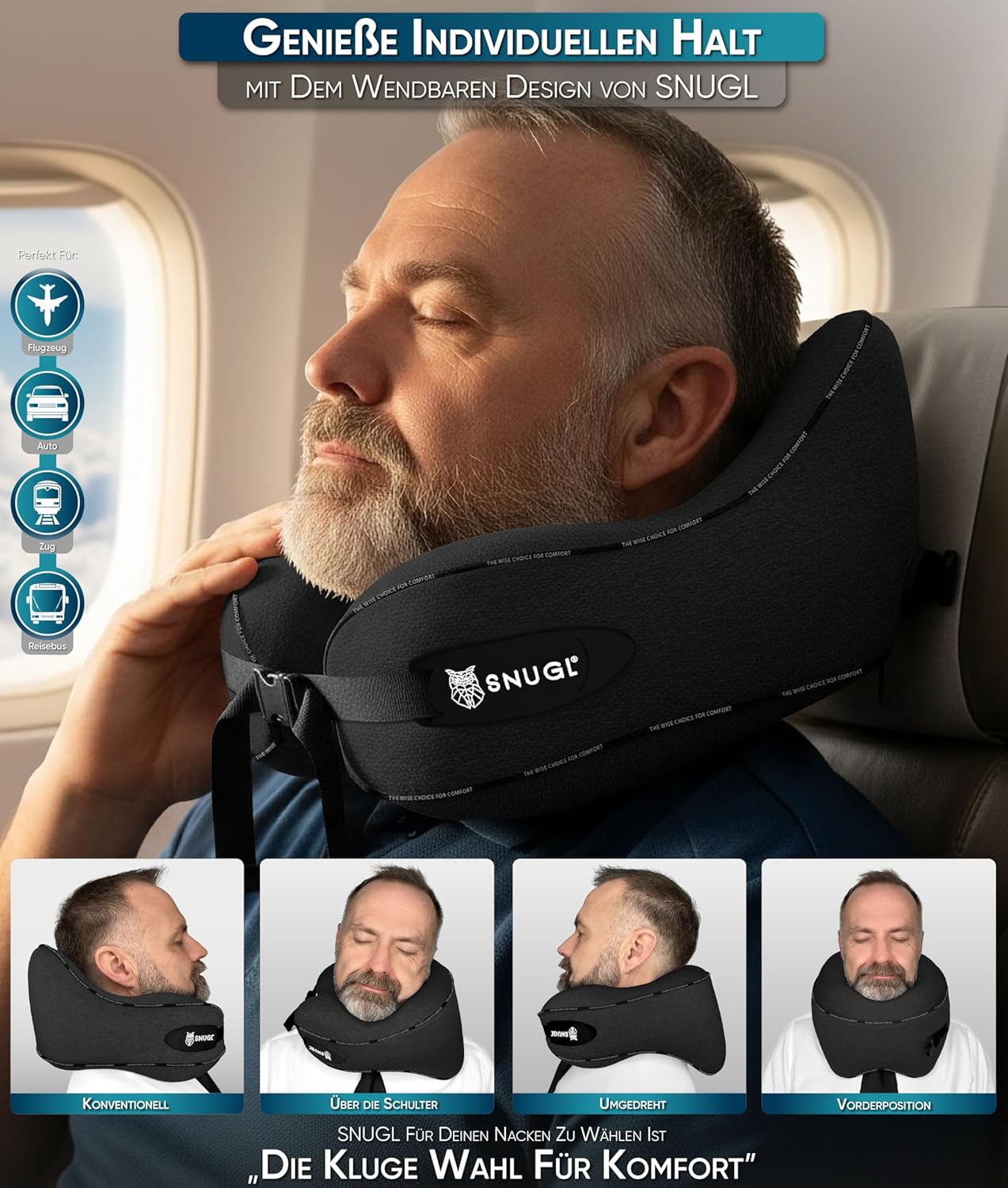 Verstellbares Memory Foam Nackenkissen für Reisen, Erwachsener Klein Schwarz