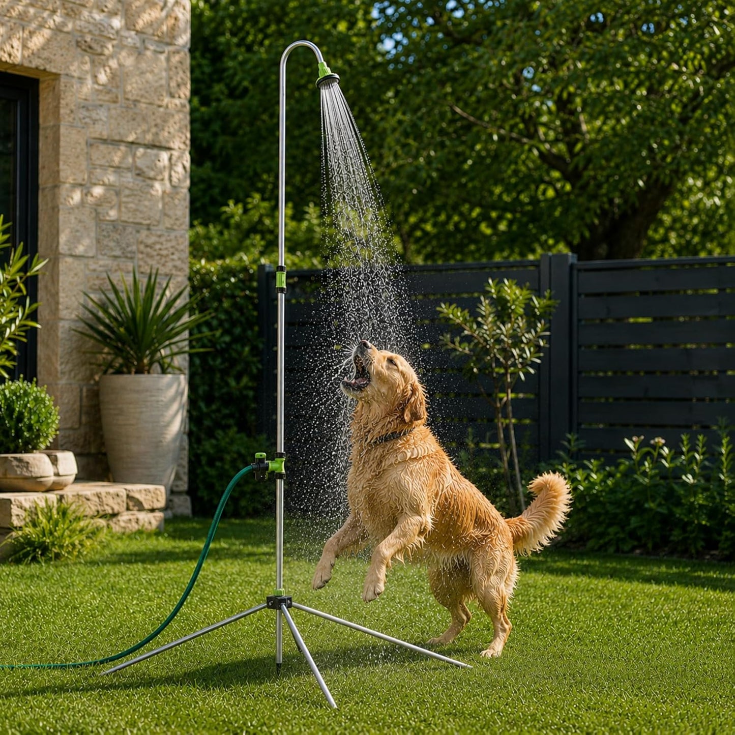 Höhenverstellbare Aussendusche für Garten & Camping, H: 145-220 cm Silber/Grün