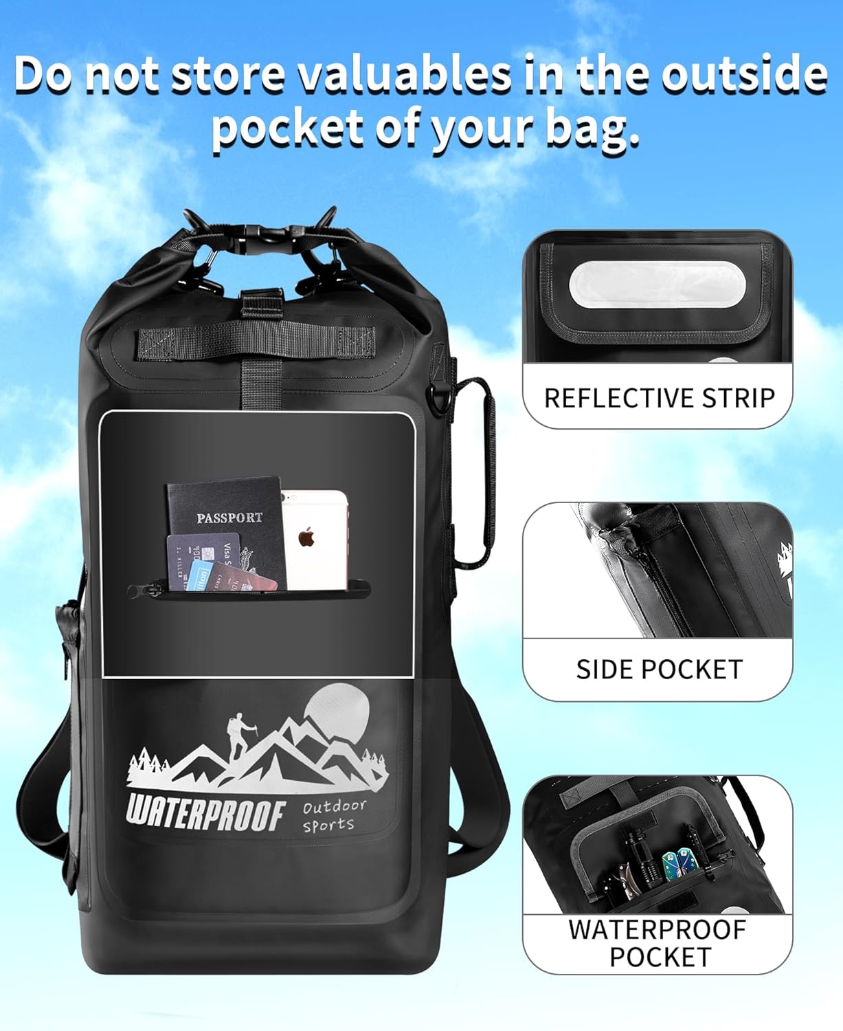 Wasserdichter Dry Bag Rucksack, 20 Liter, Schwarz 20L