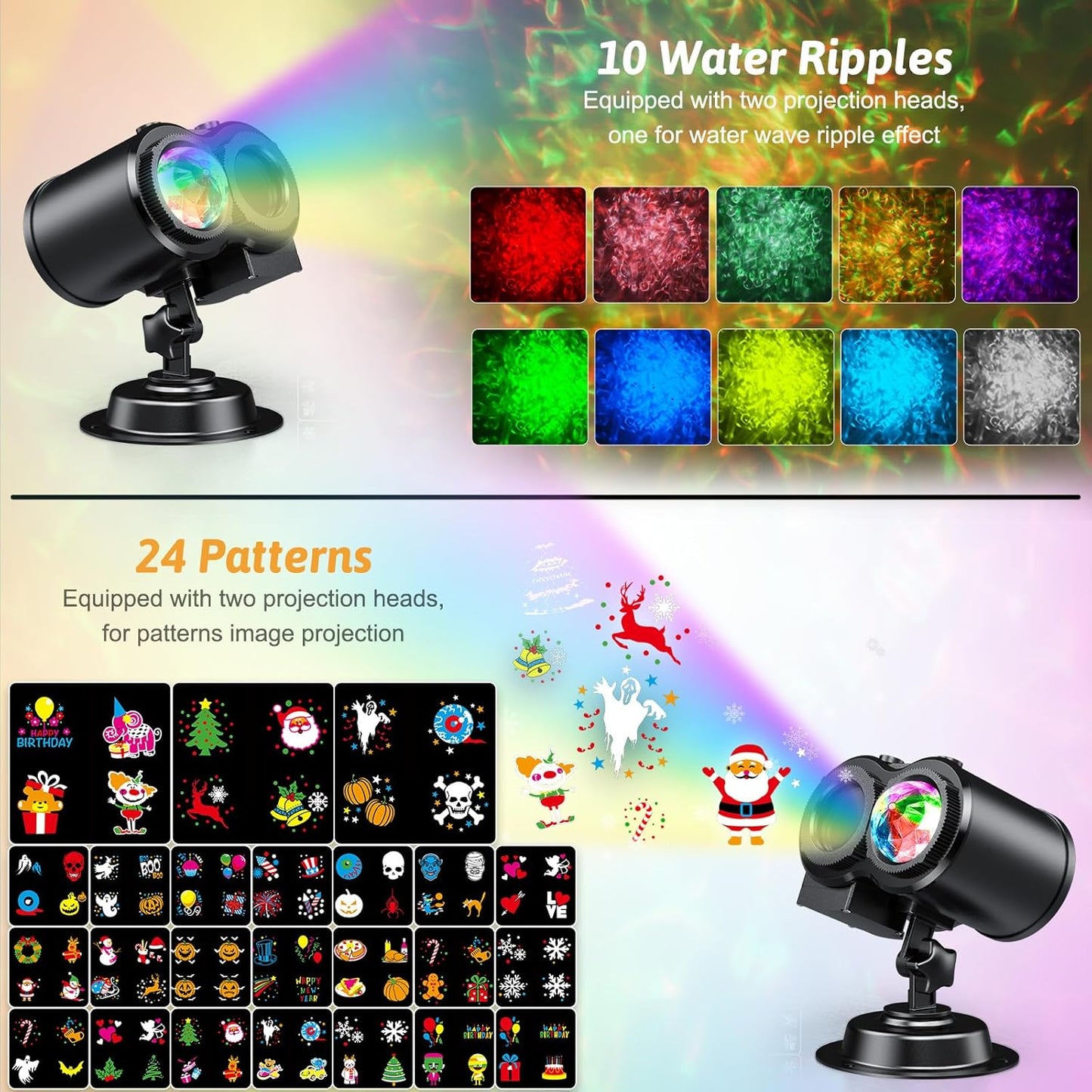 LED Weihnachtsprojektor mit 24 Filmen und Fernbedienung, 24 Filme und 10 Farben