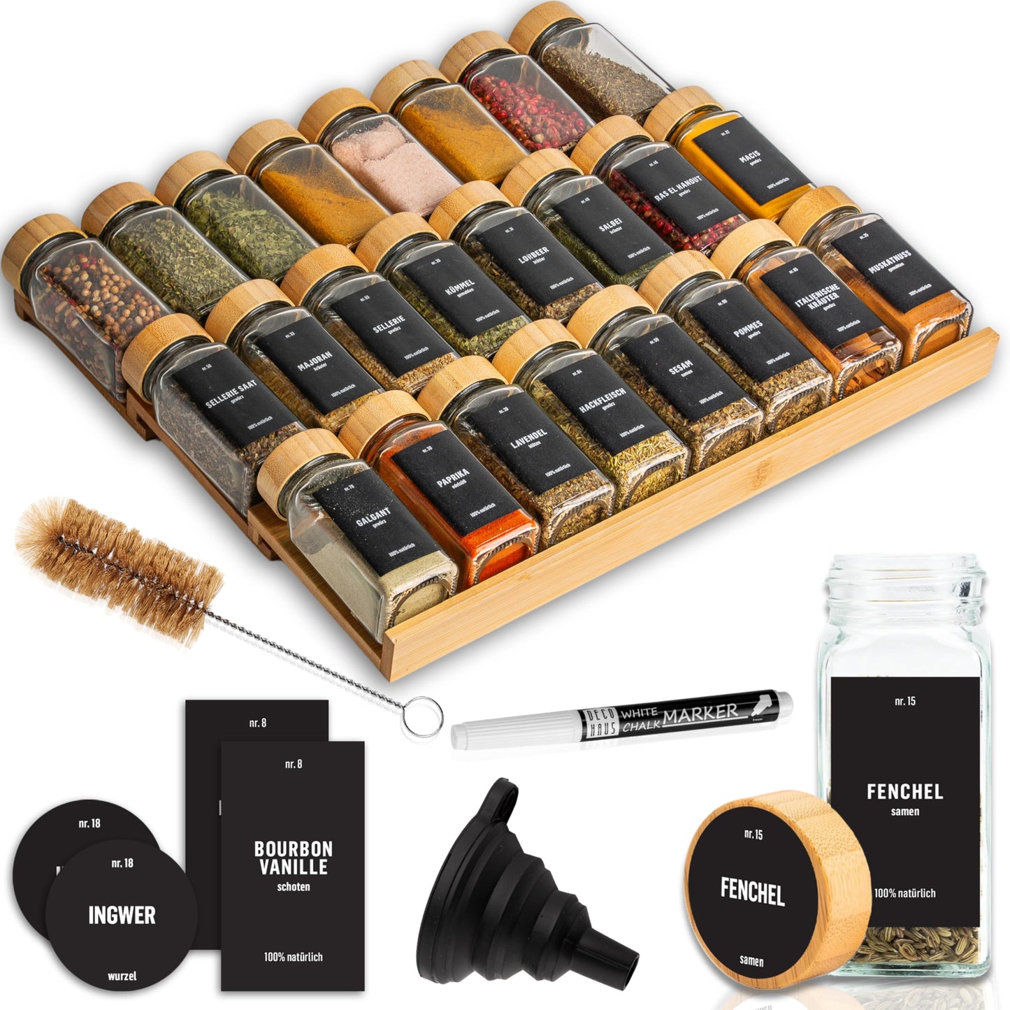 Gewürzgläser-Set mit Schubladeneinsatz, 24 Stk, fix, Bambus, Deckel Bambus