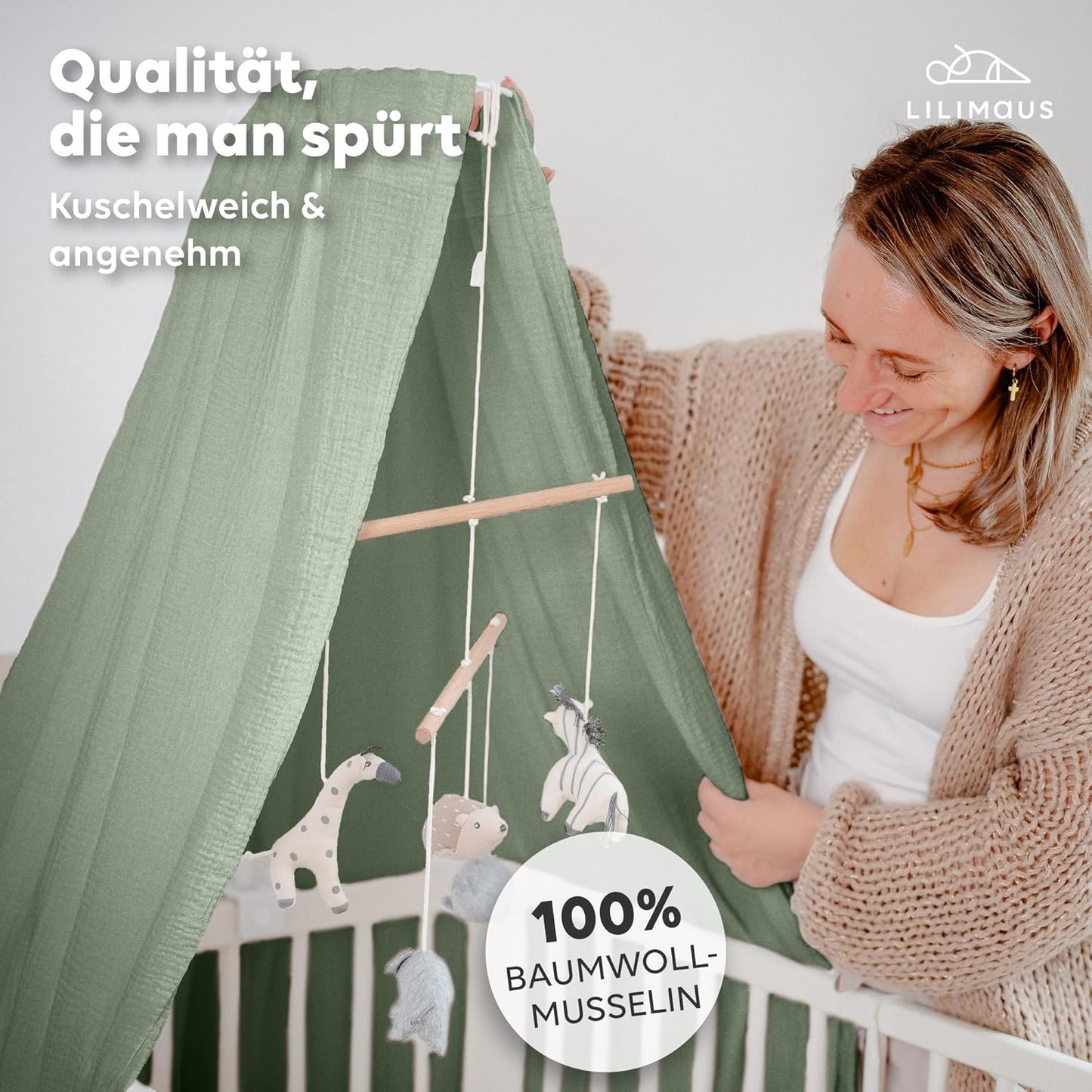 Betthimmel aus Musselin für Babybett, Eukalyptus ohne Himmelstange