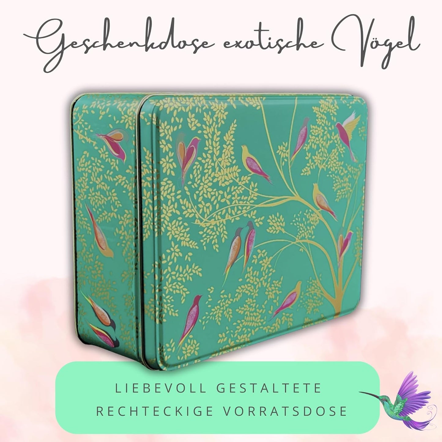 Keksdose mit exotischen Vögeln-Motiv, Exotische Vögel