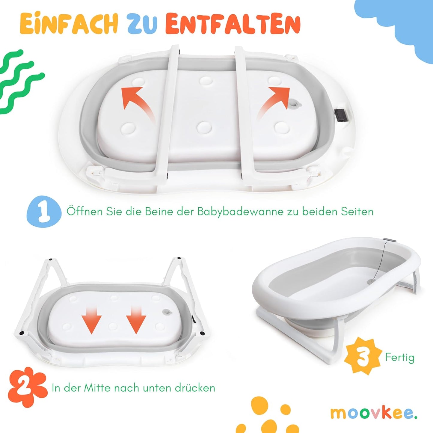 Faltbare Babybadewanne mit Thermometer und Sitz, Grau ohne Ständer mit Badesitz
