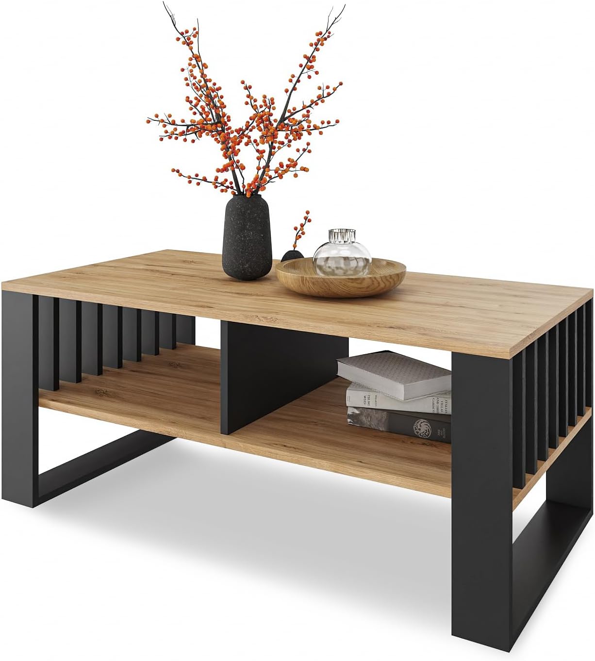 Moderner Couchtisch mit Stauraum und Lamellenelementen, Ewige Eiche