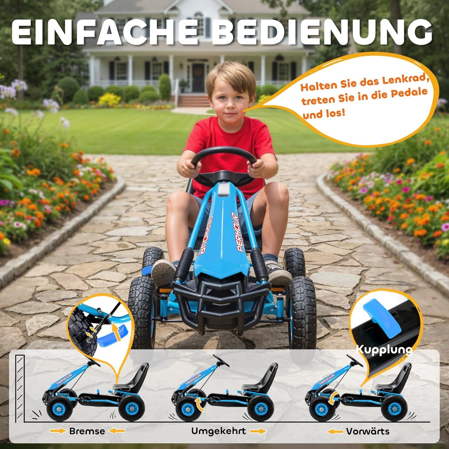Gokart Tretauto mit Handbremse, Blau