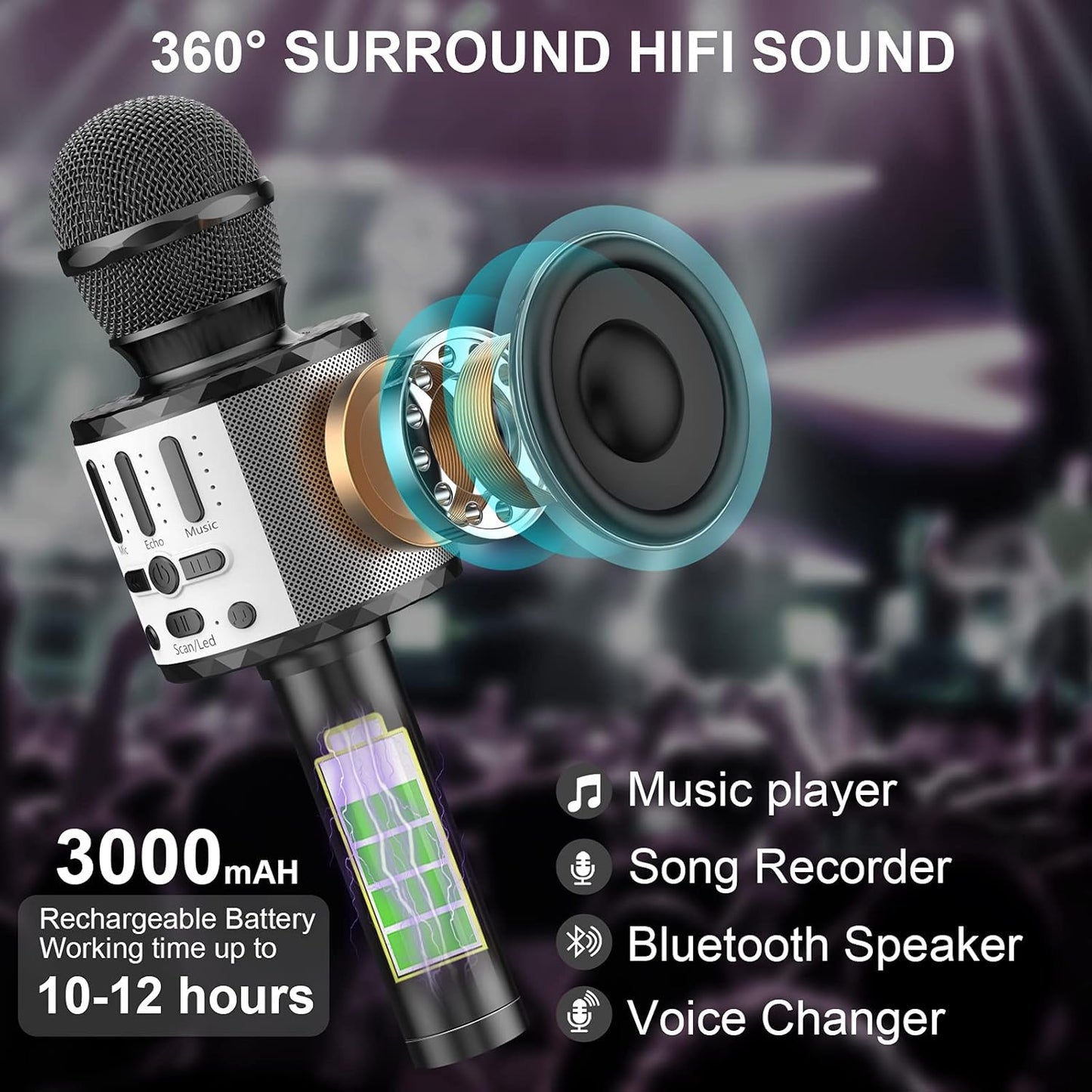 Karaoke-Mikrofon mit Bluetooth-Lautsprecher, Schwarz