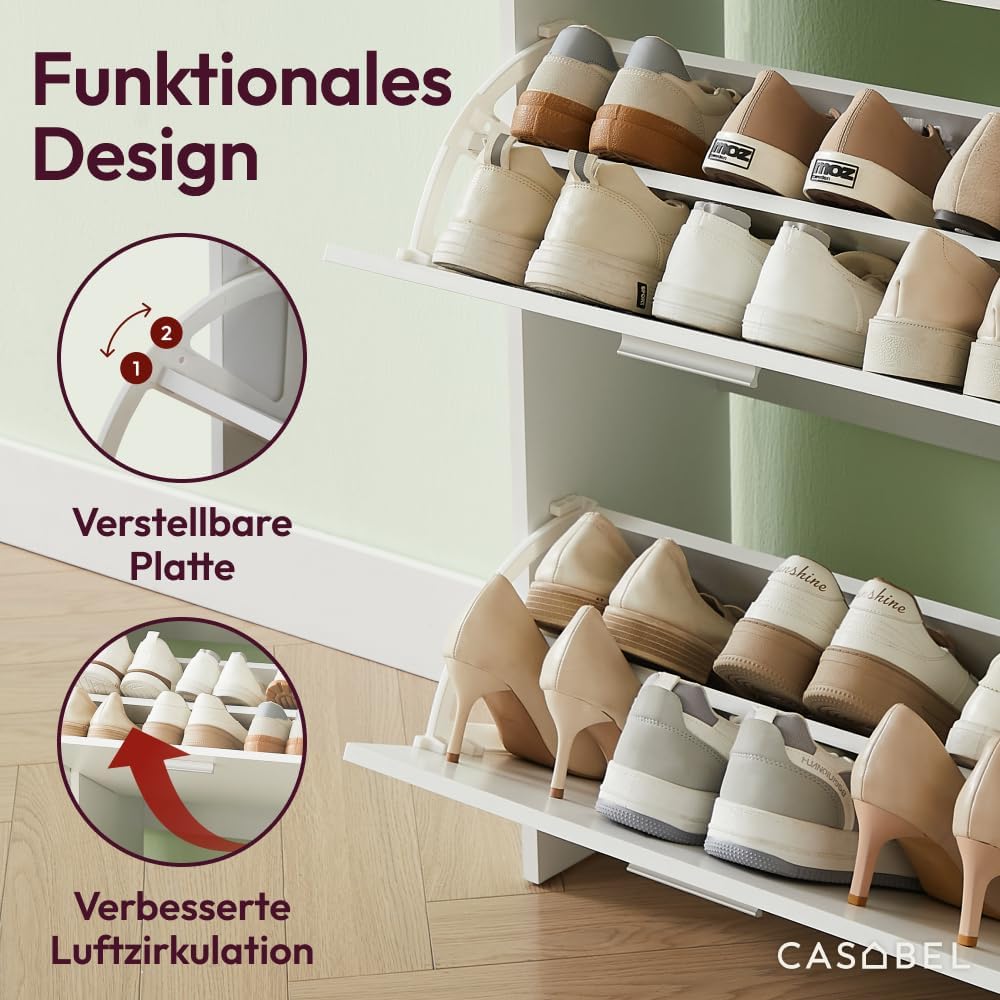 Schuhschrank mit 2 Klappen für 12 Paar Schuhe, Weiss 2 Türen