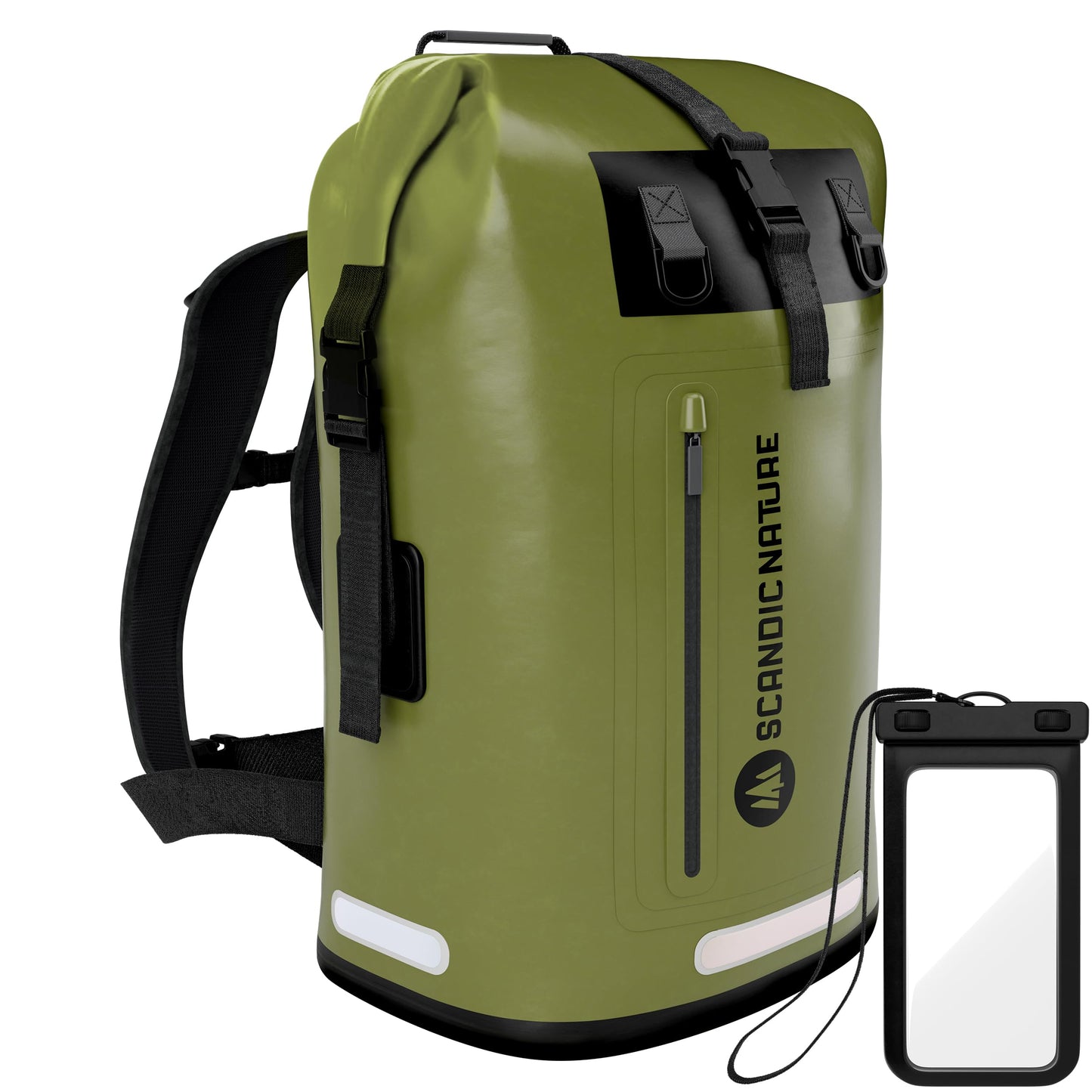 Wasserdichter Rucksack mit Rolltop-Verschluss und Handyhülle, Oliv-grün 35 Liter