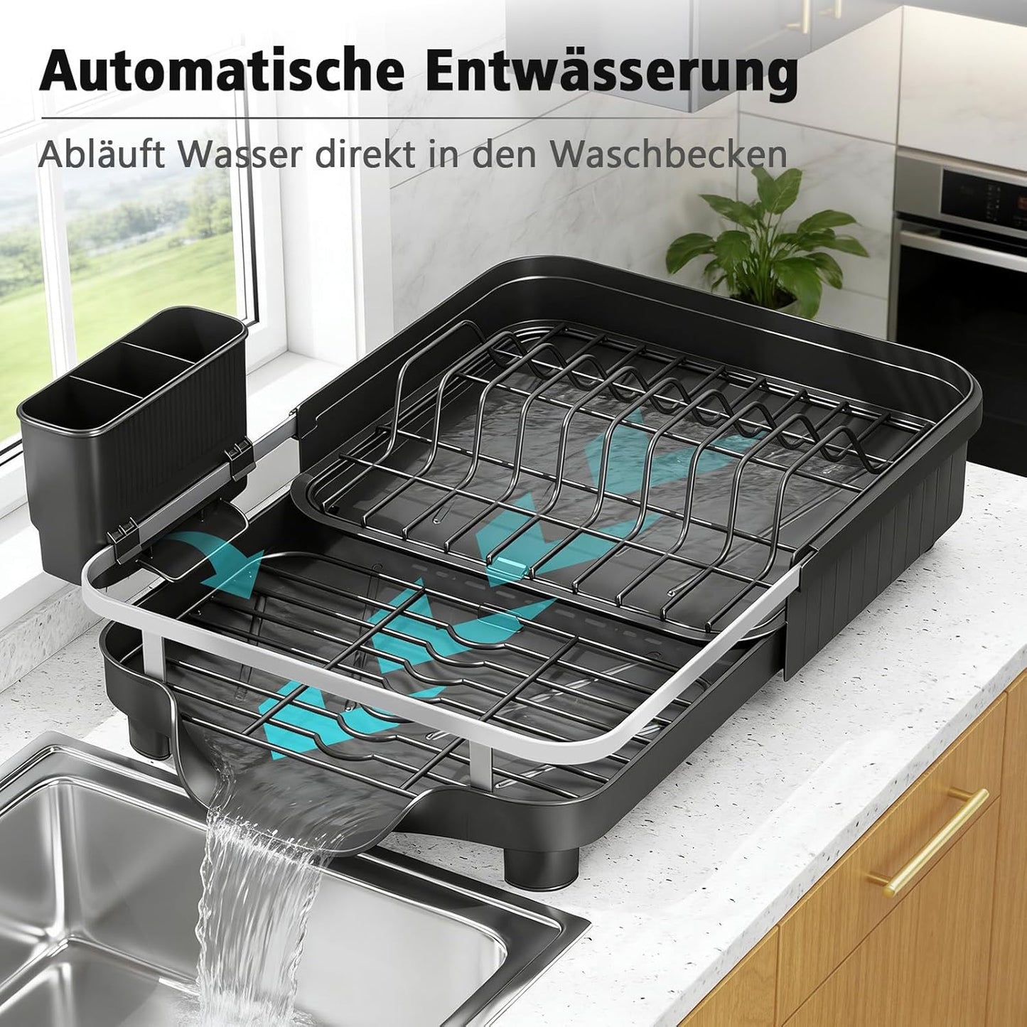 Erweiterbares Abtropfgestell mit Besteckhalter