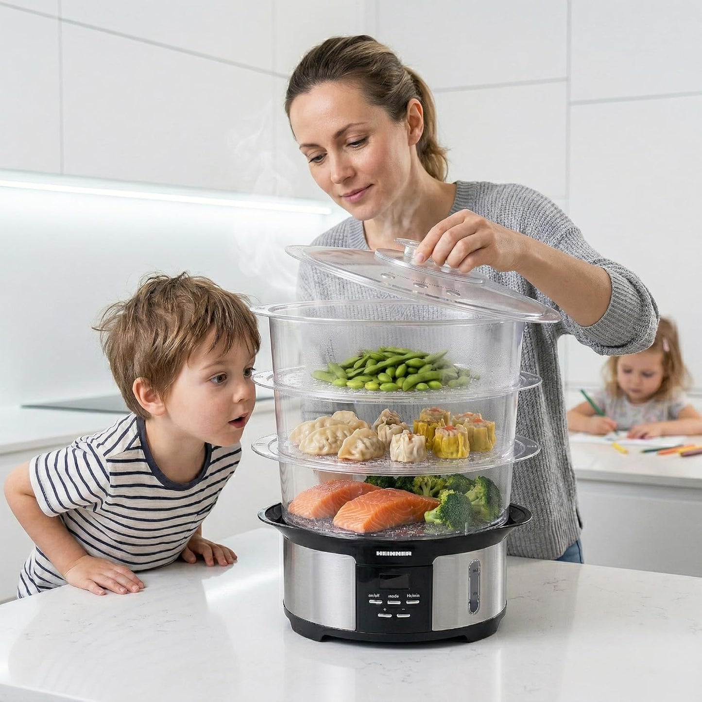 Dampfgarer mit 5 Programmen & Timer (12 L, 3 Etagen)