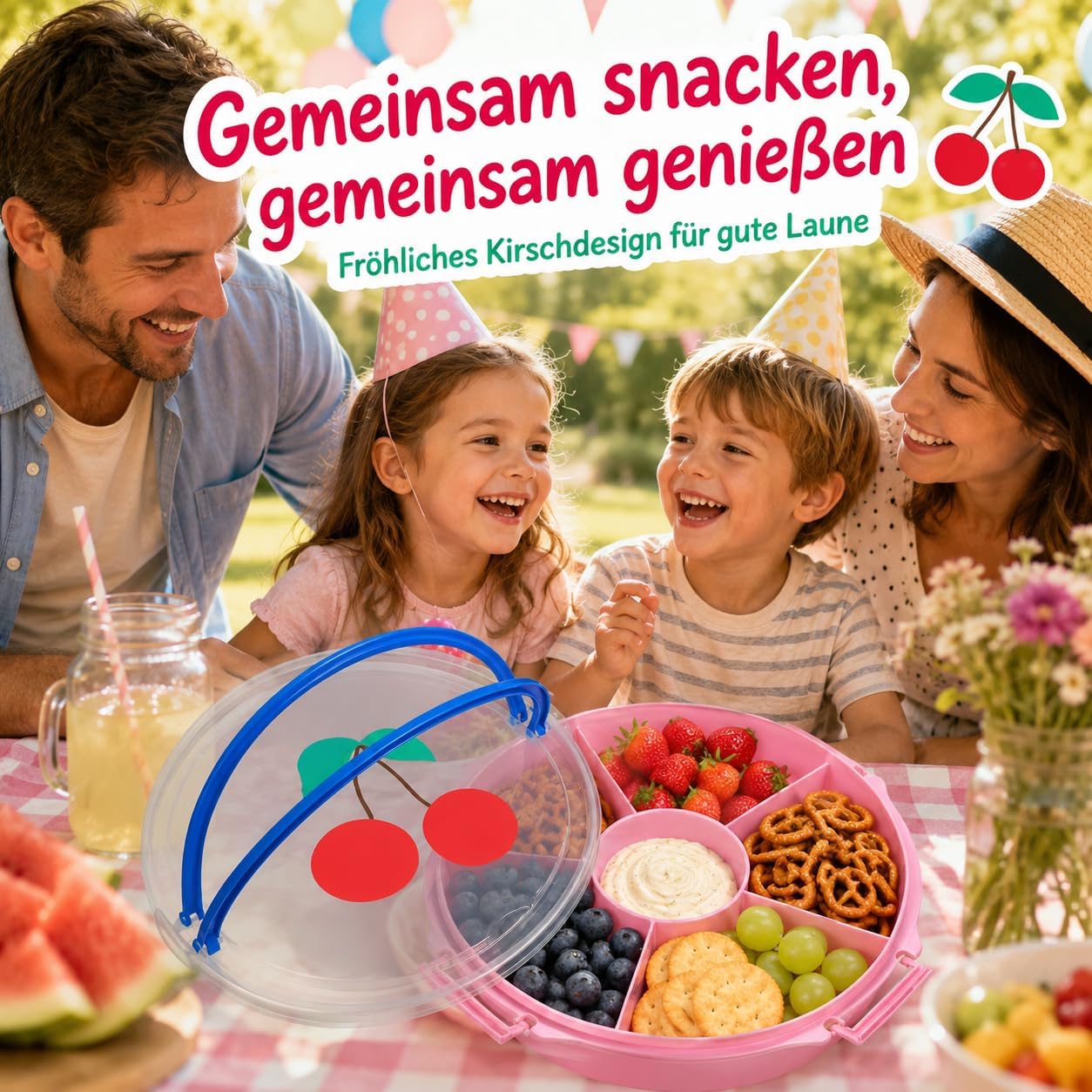 Snackbox mit Fächern und Deckel für Obst und Dips, Kirsche