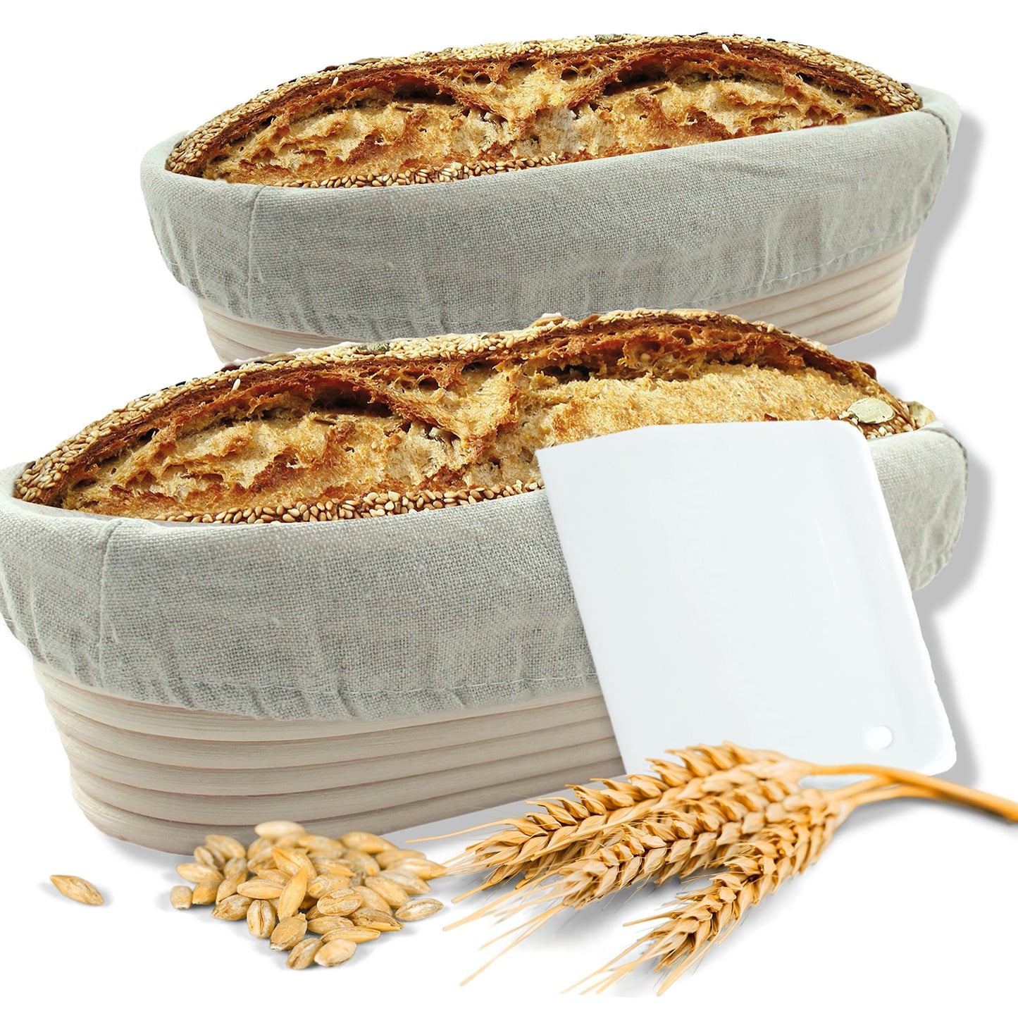 2er-Set Gärkorb mit Teigschaber, Set Oval (28 + 35 cm)