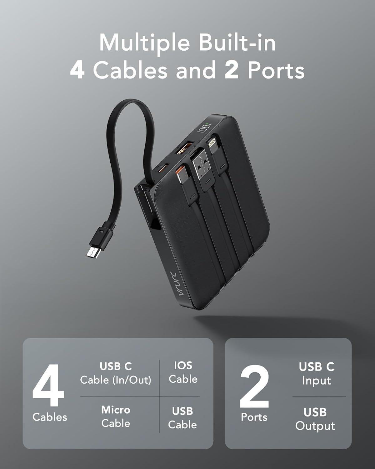 Powerbank mit integriertem Kabel, schwarz