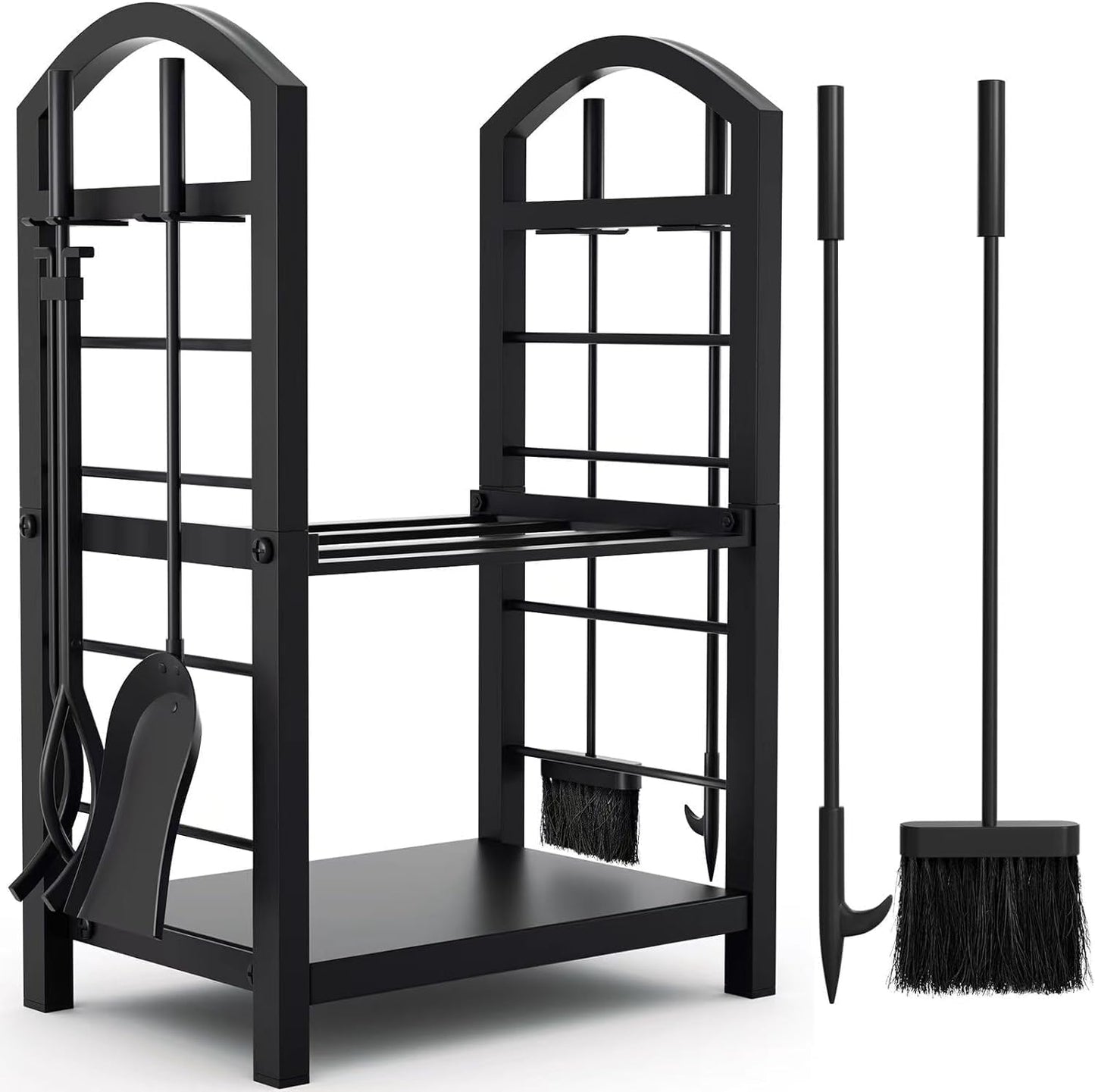Kaminholzregal mit 4 Kaminwerkzeug, Schwarz