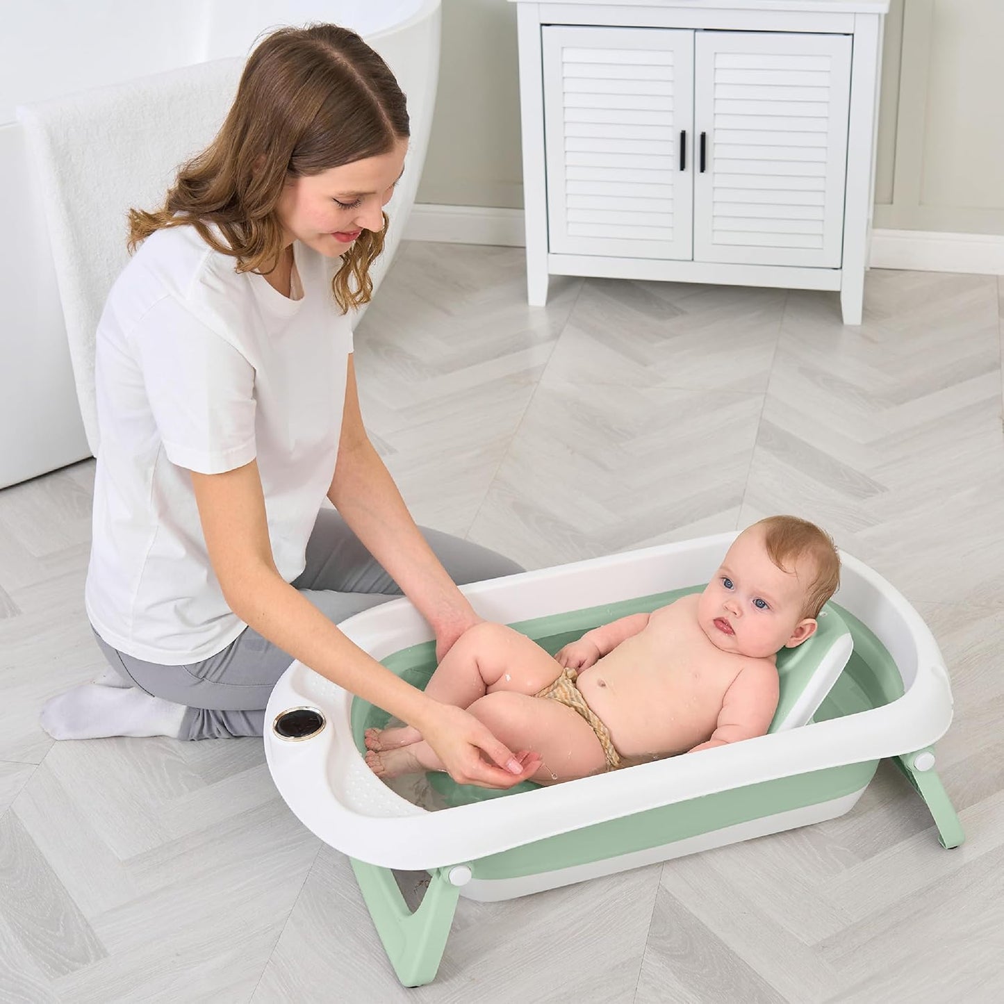 Faltbare Baby-Badewanne mit Badethermometer, Babywippe GRÜN