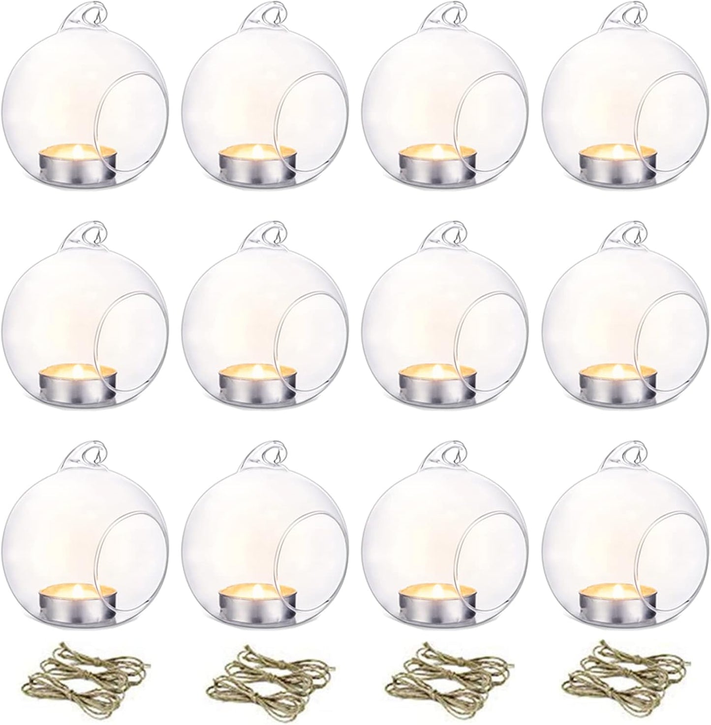 12 Stück Hängende Glaskugel-Teelichthalter, 10 Stücke + 2 Stücke Transparent