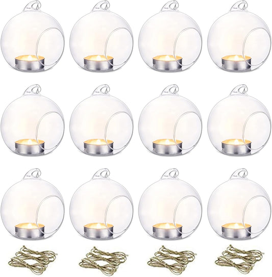12 Stück Hängende Glaskugel-Teelichthalter, 10 Stücke + 2 Stücke Transparent