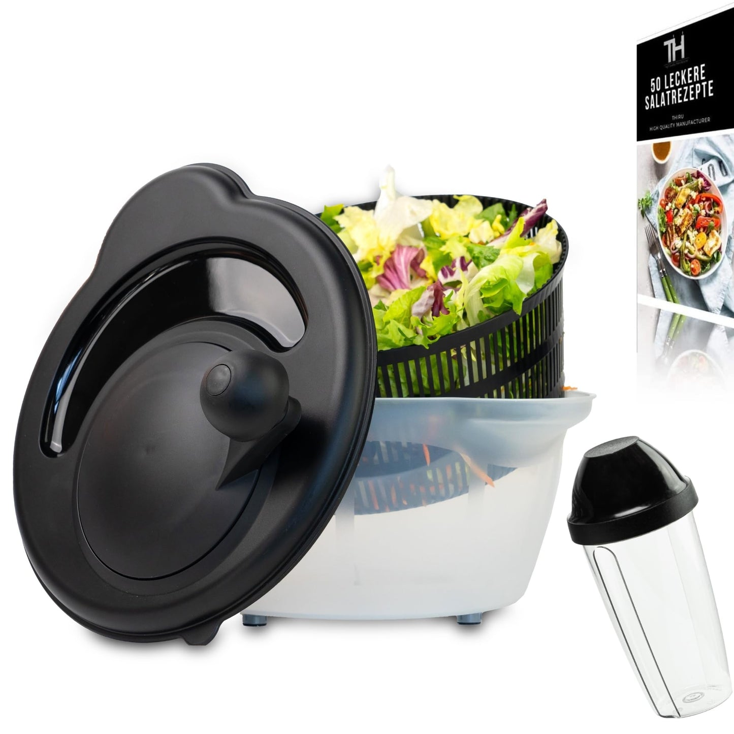 Salatschleuder, Salatschleuder Schwarz 4,5L mit Dressing Shaker