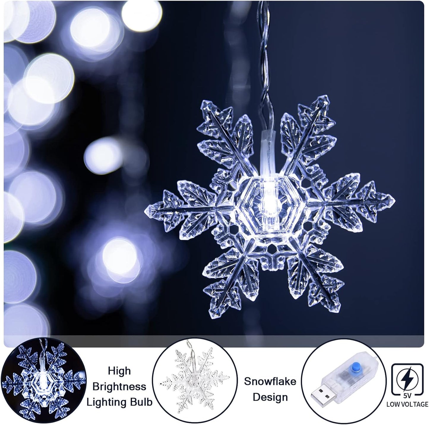 Lichtervorhang mit Schneeflocken-Motiv, 2x1m, 104 LEDs, Kaltweiss-schneeflocken