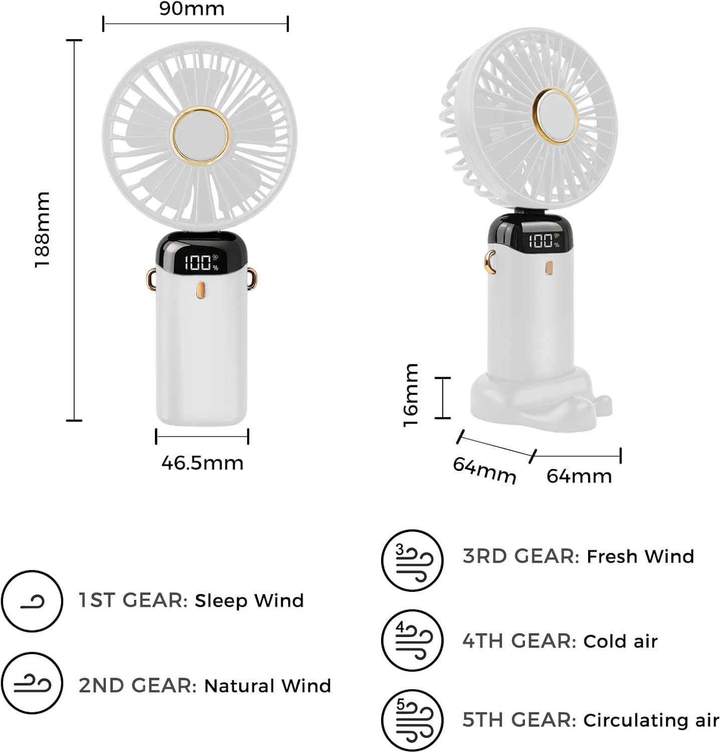 Tragbarer Mini-Handventilator N15, 5 Geschwindigkeiten, faltbar, Weiss