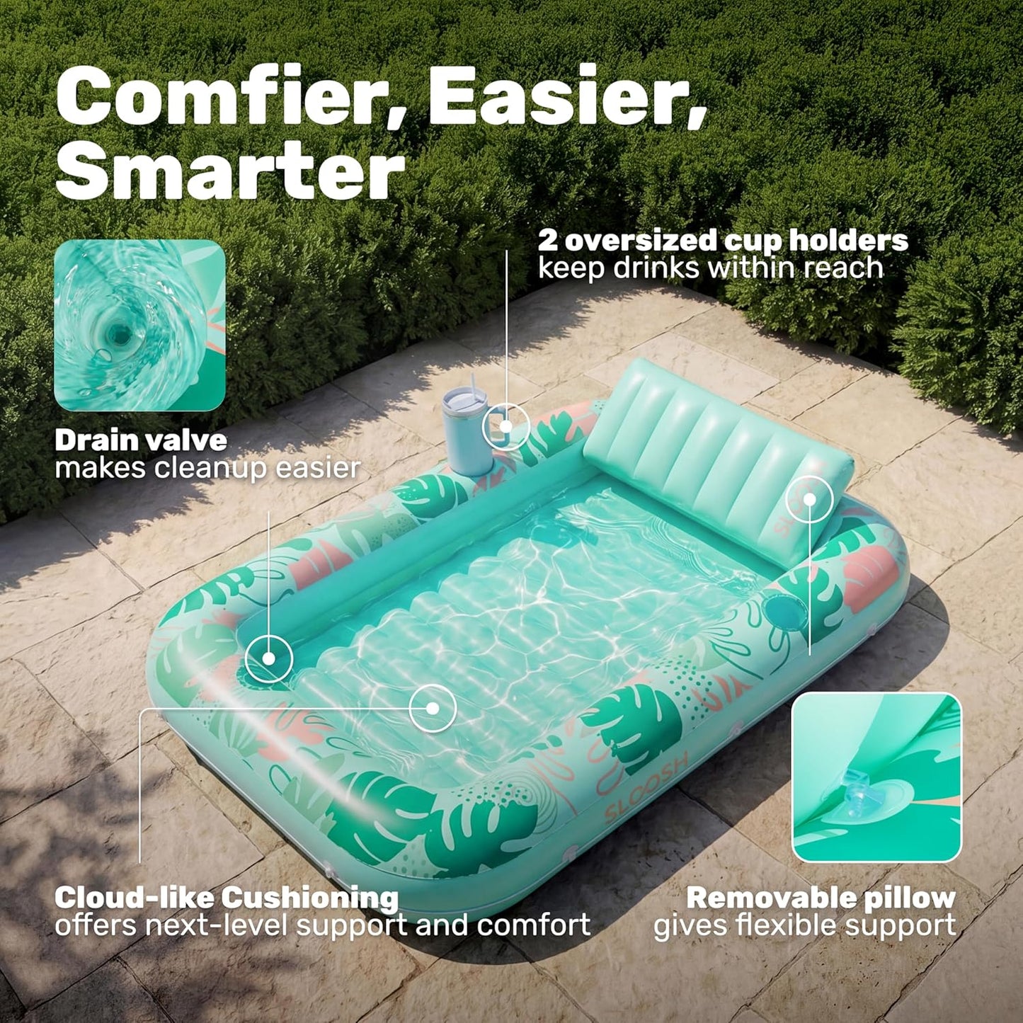 Aufblasbarer 4-in-1 Sonnenliegepool mit Kissen und Getränkehalter, Aquablau Tropisch XL