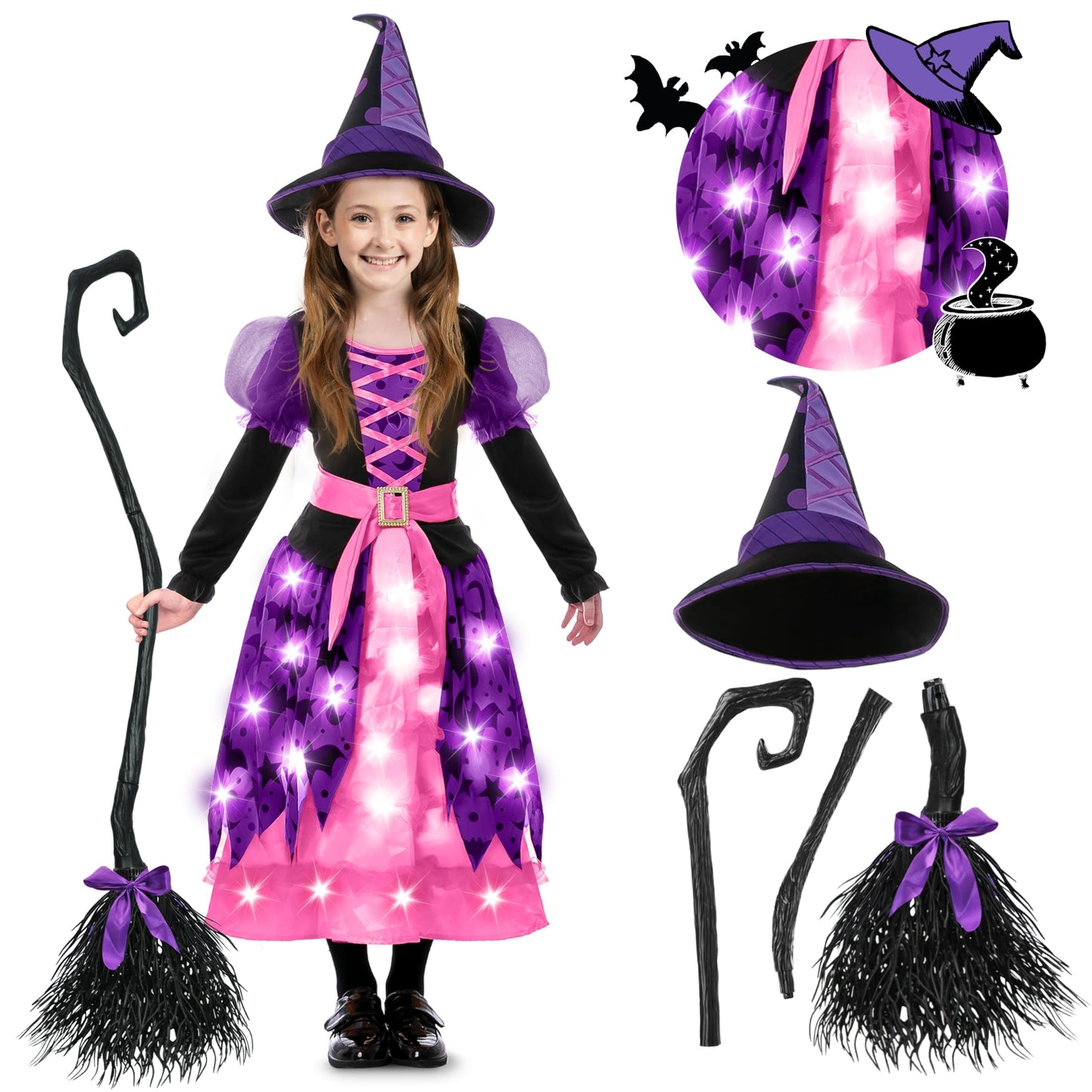 Hexenkostüm für Mädchen, Rosa Large (10-12 yrs)