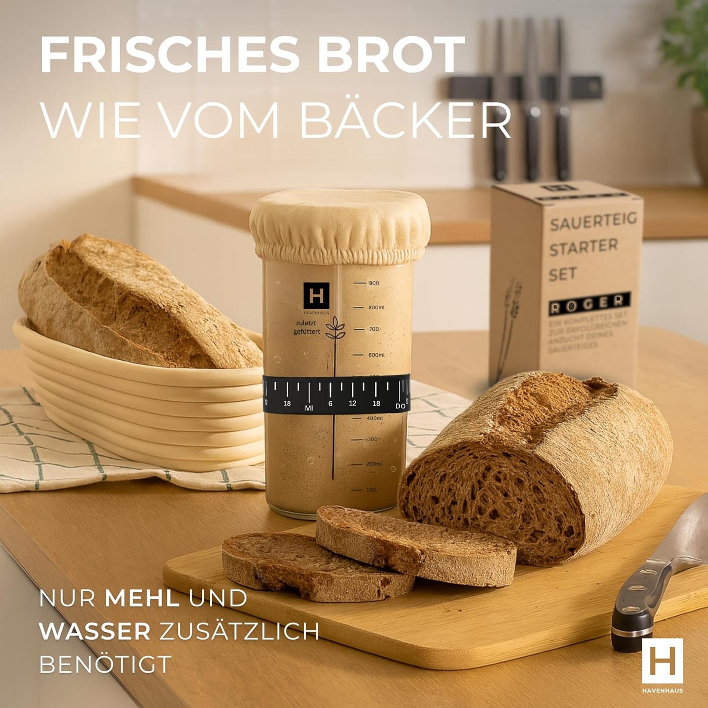 Sauerteig Starter Set mit Gärkörbchen, Brotbackset Rund