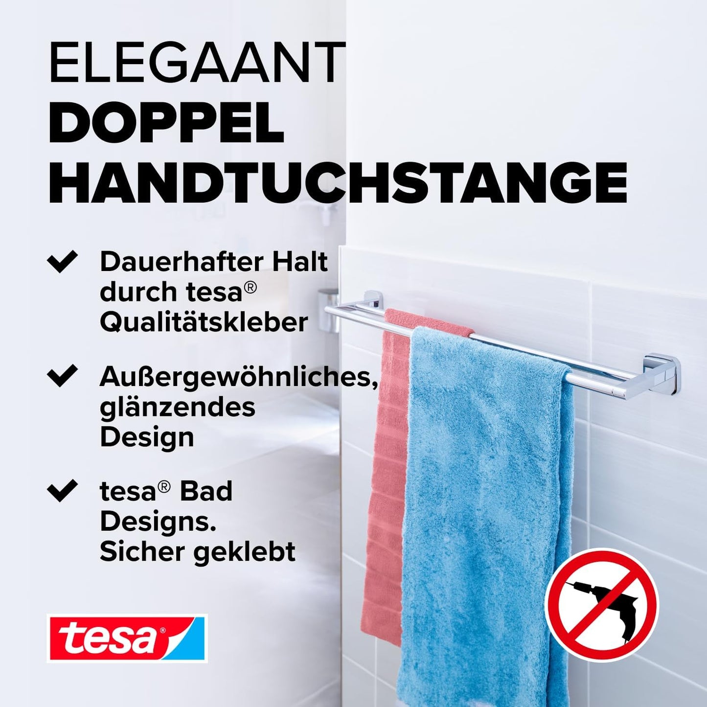 ELEGAANT Handtuchstange doppelt inkl. Klebelösung ohne Bohren, Doppelte Handtuchstange