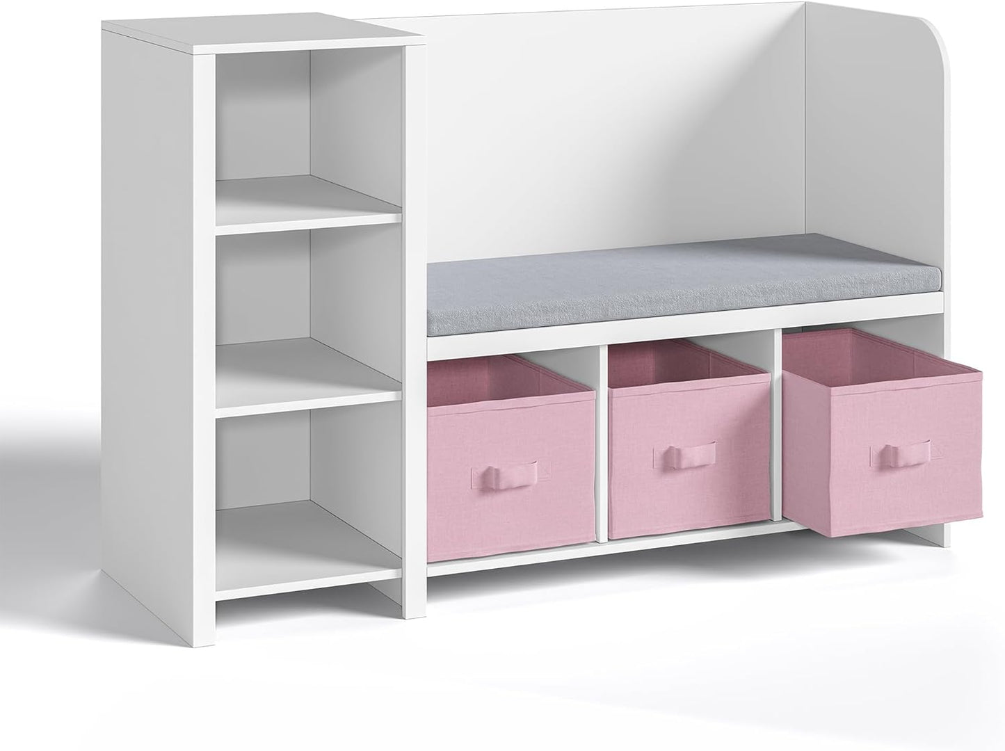 Kinderregal mit Sitzbank und Aufbewahrungsboxen, Weiss / Rosa