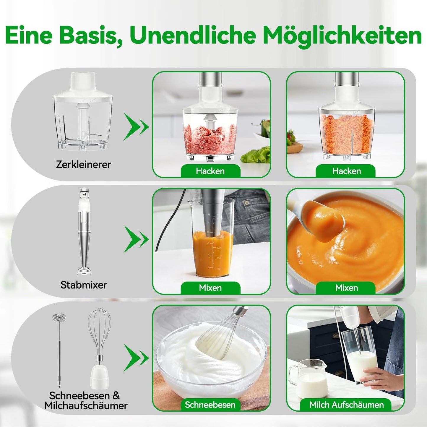 Stabmixer Set mit Zerkleinerer & Schneebesen, Weiss