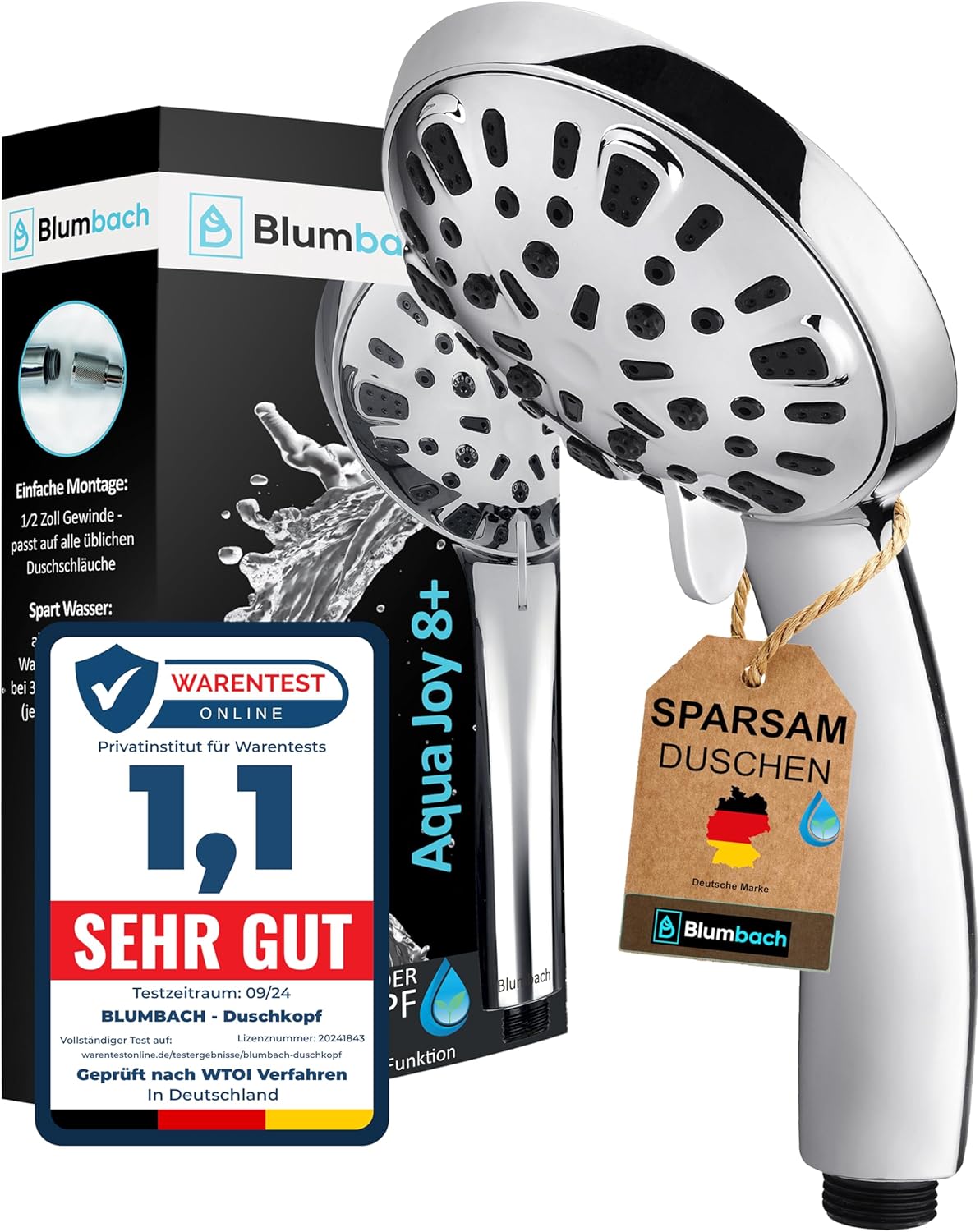 Hochdruck Duschkopf mit 8 Strahlarten, 8L/Min. 8 Strahlarten / Sparduschkopf