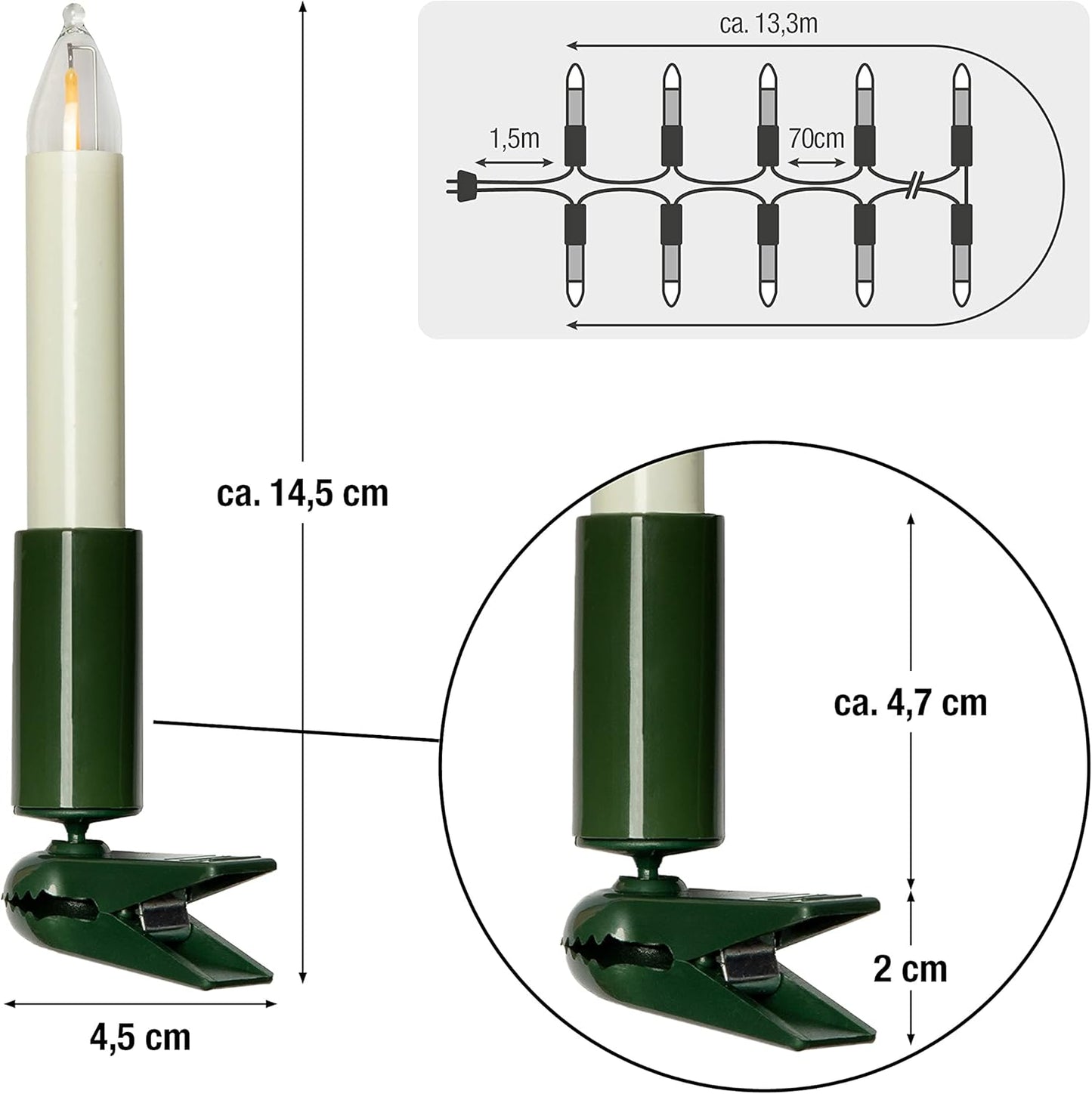 LED Weihnachtslichterkette mit Clips, 20 LED-Filament / 13,3m beleuchtet / Ohne Flackereffekt