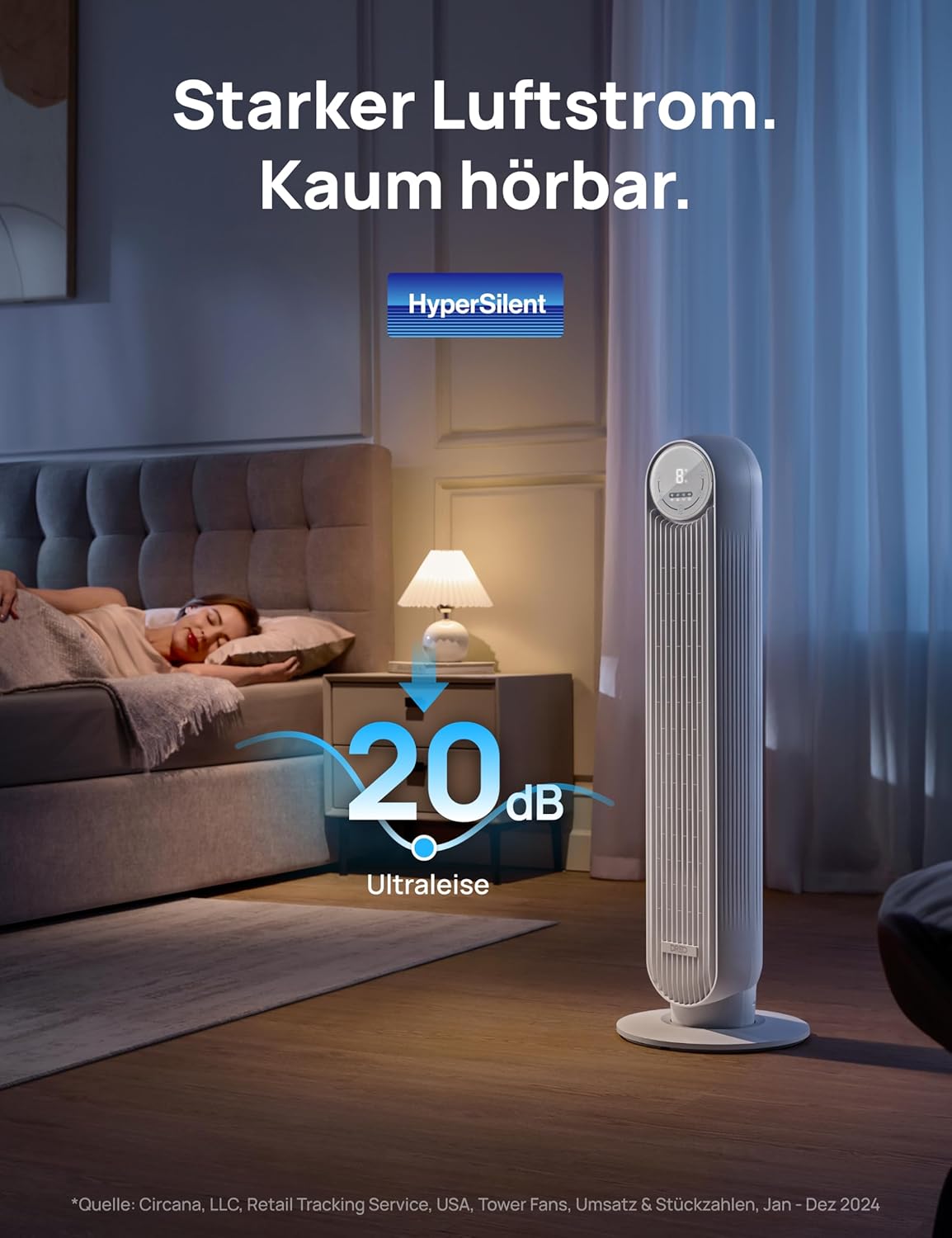 Leiser Turmventilator mit Fernbedienung und Timer, White