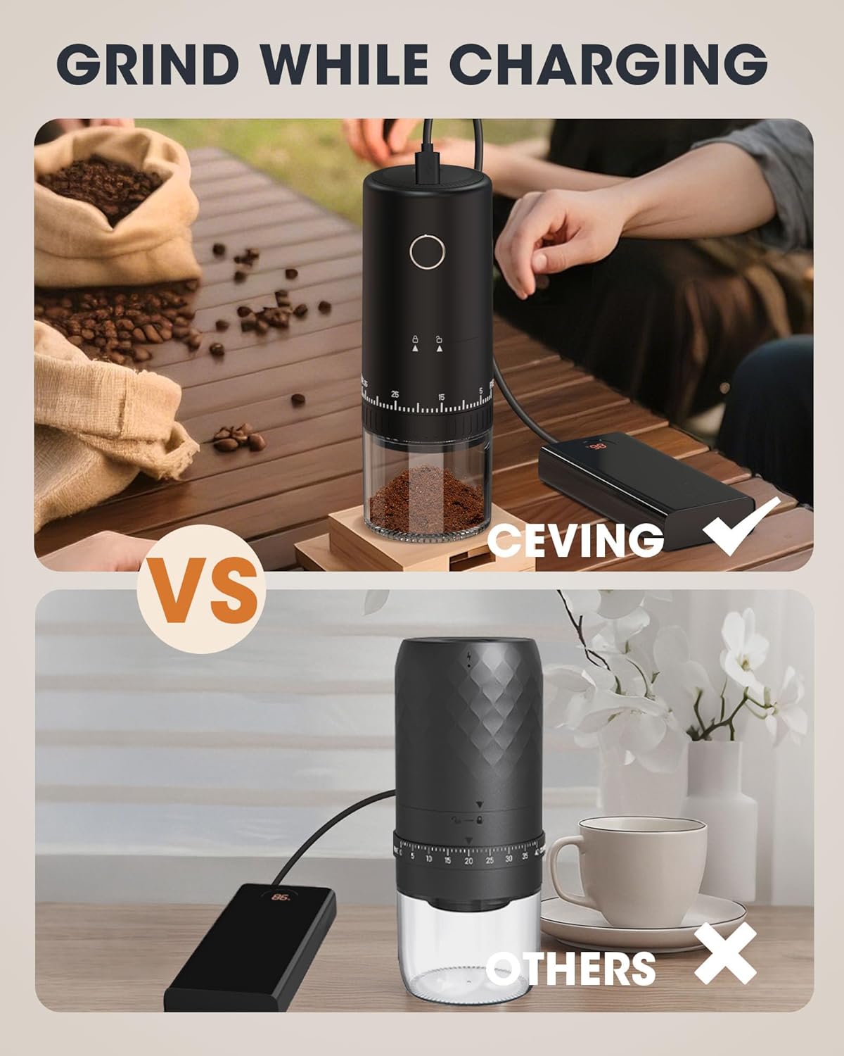 Aufladbare Kaffeemühle mit Keramikmahlwerk, Neues Modell