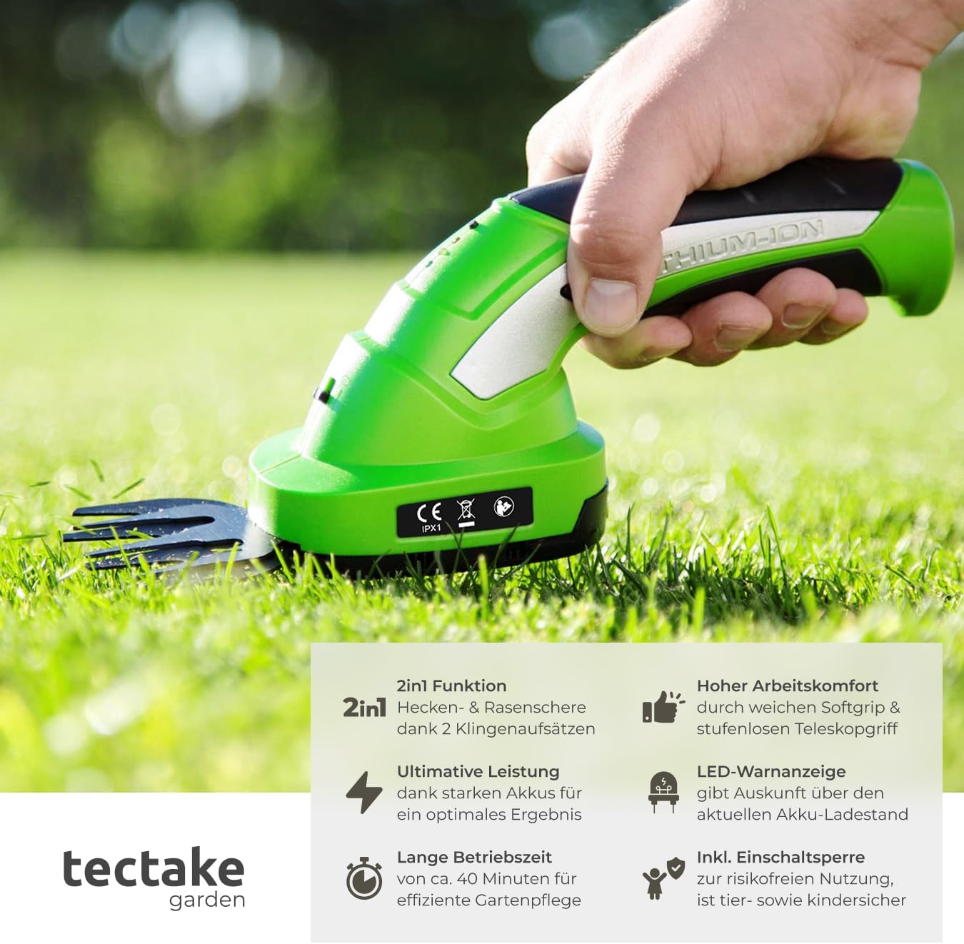 Akku-Heckenschere mit Grasschere und Teleskopstange