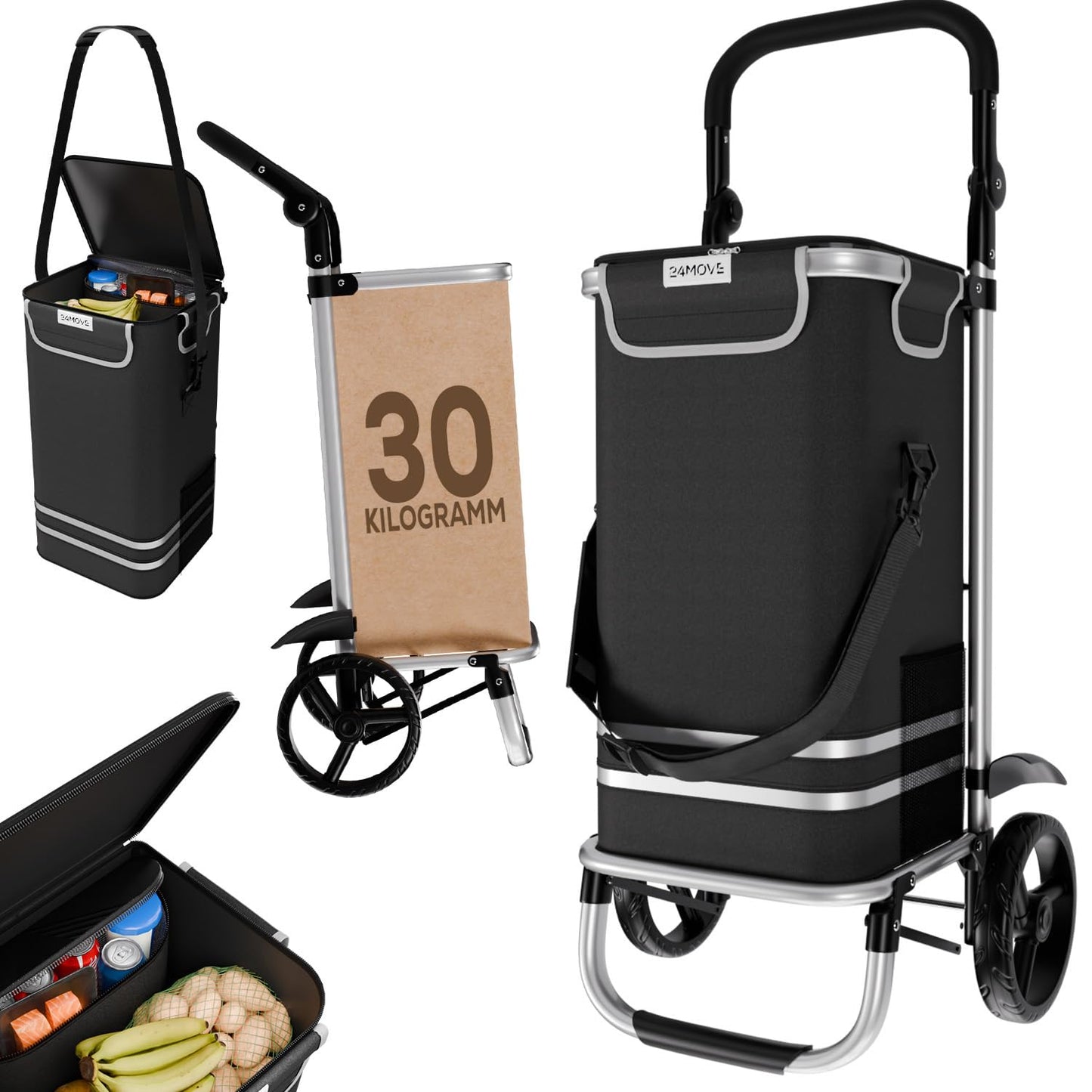 Klappbarer Einkaufstrolley mit Kühlfach, Normalrad Schwarz