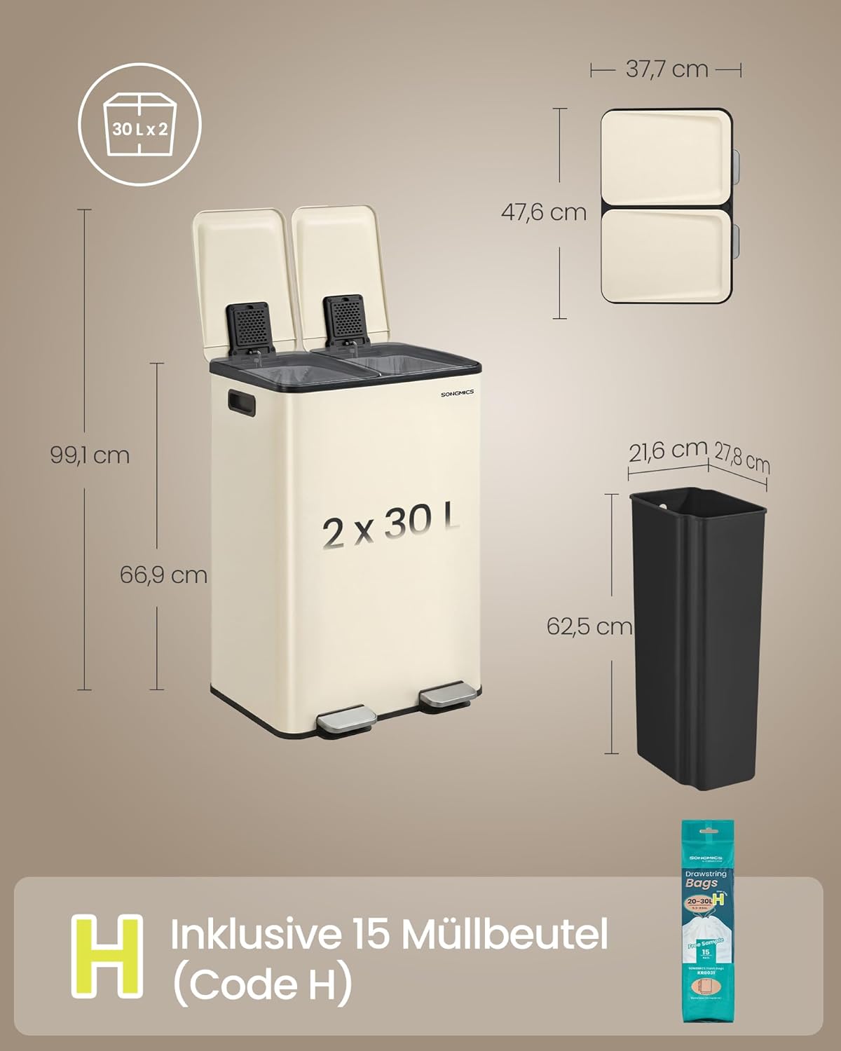 Mülleimer mit 2 Fächern und Softclose-Deckel, cremefarben