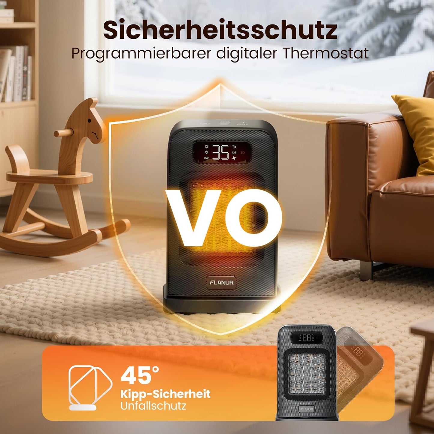 Keramik-Heizlüfter mit Thermostat, 26cm Schwarz