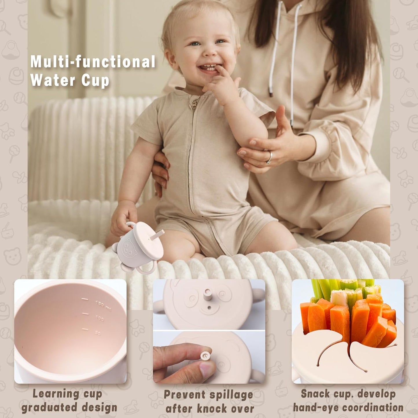 Silikon Baby Geschirrset mit Saugnapf (11-teilig), Beige