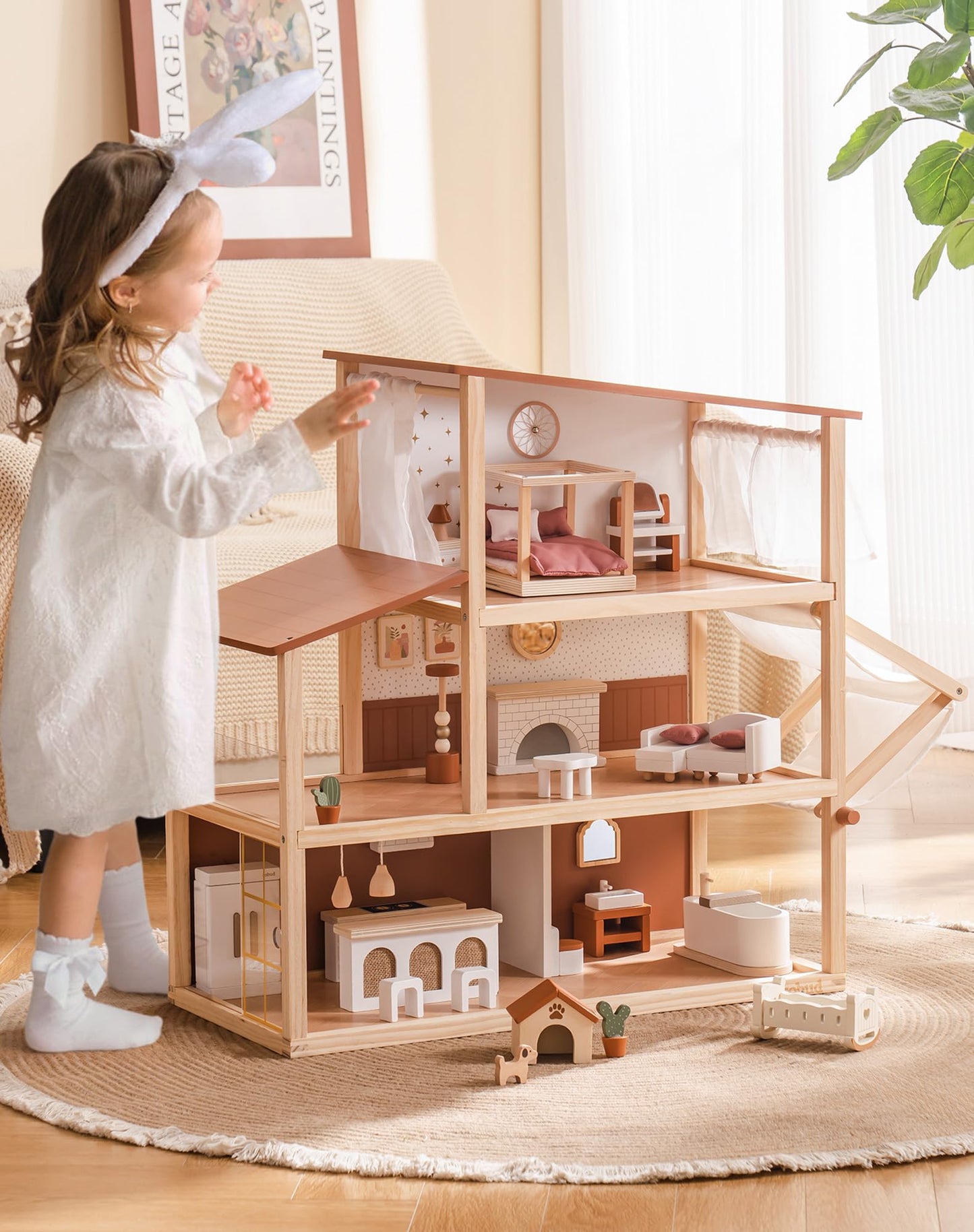 3-stöckiges Puppenhaus mit Zubehör und Möbeln