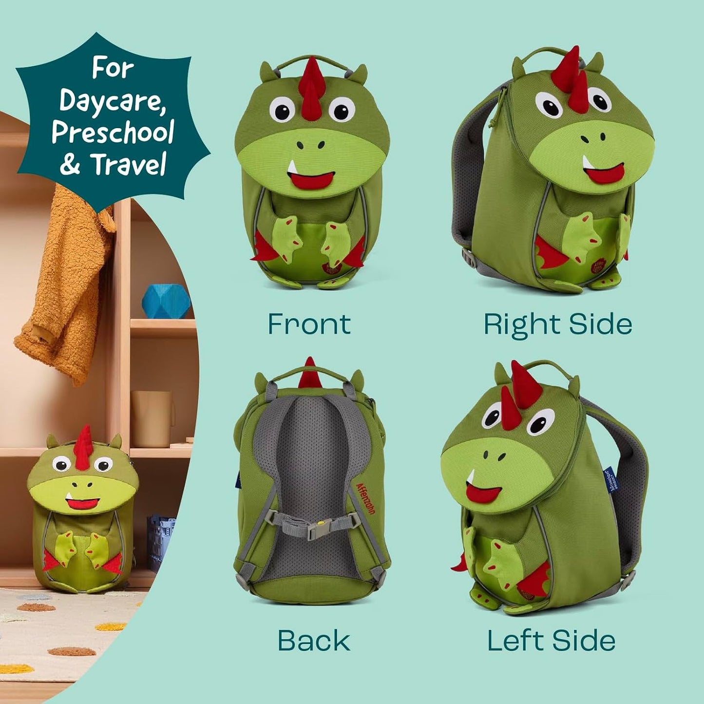 Kindergarten-Rucksack Kleiner Freund, Einheitsgrösse Drache - Grün