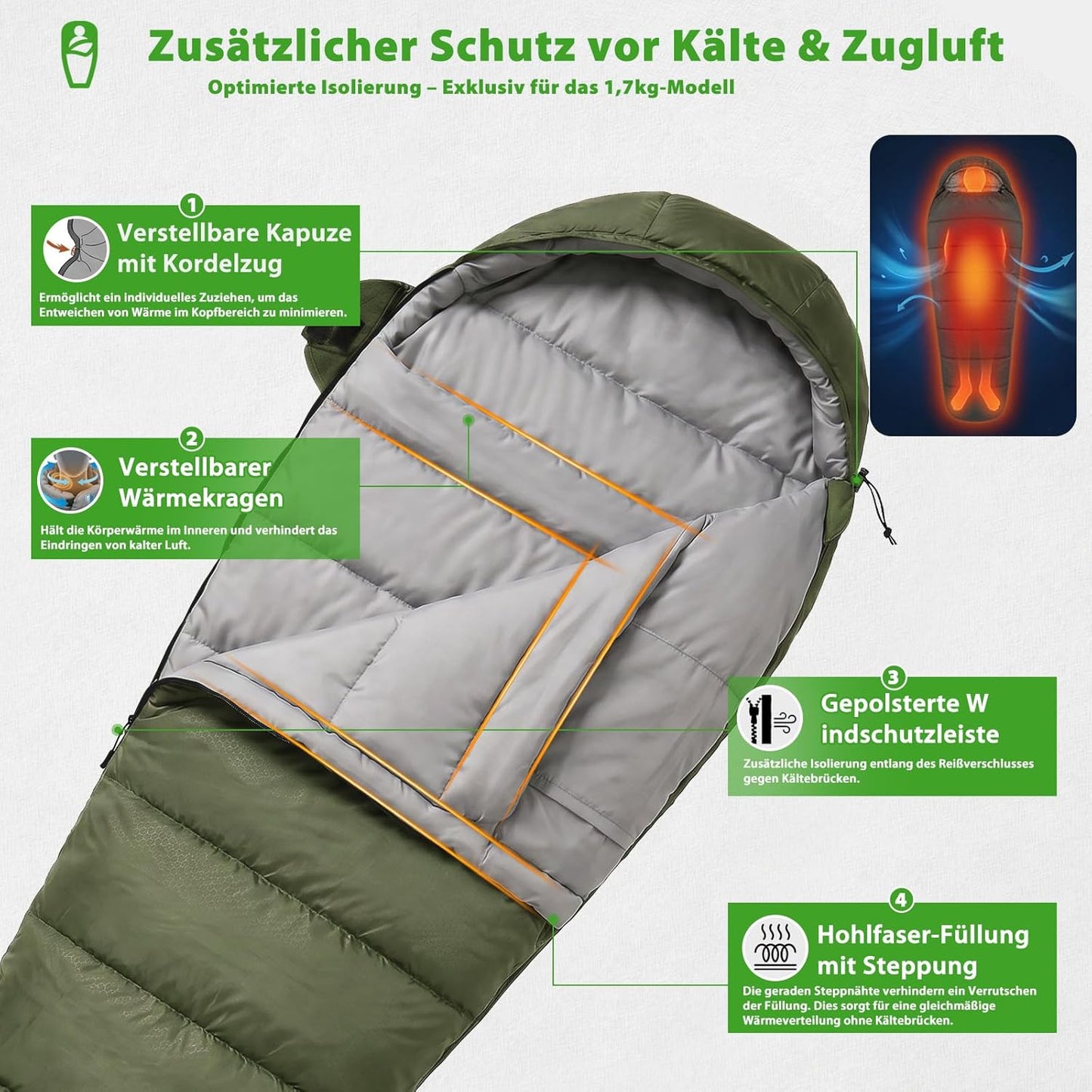 Mumienschlafsack für Erwachsene, 4 Jahreszeiten (0 °C - +5 °C) Grün